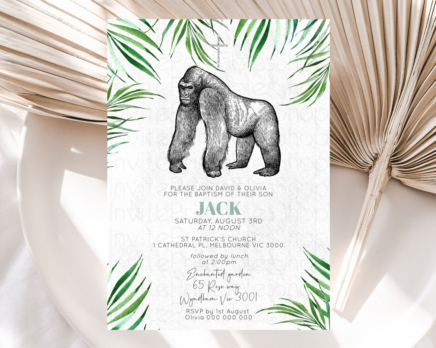 Gorilla Baptism Invitation Gorilla Baptism 1st Birthday Invitation Gorilla Jungle Adventure Christening Invitation Wild Zoo Theme D10846