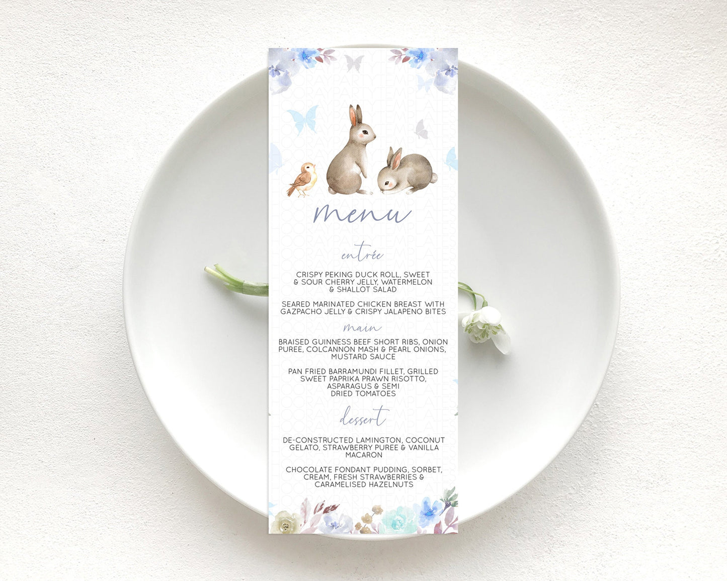 Bunny Menu Floral Bunny Menu Template Pastel Flowers Bunny Table Decor Secret Garden Bunny Dinner Dessert Menu Party Food Menu D10927