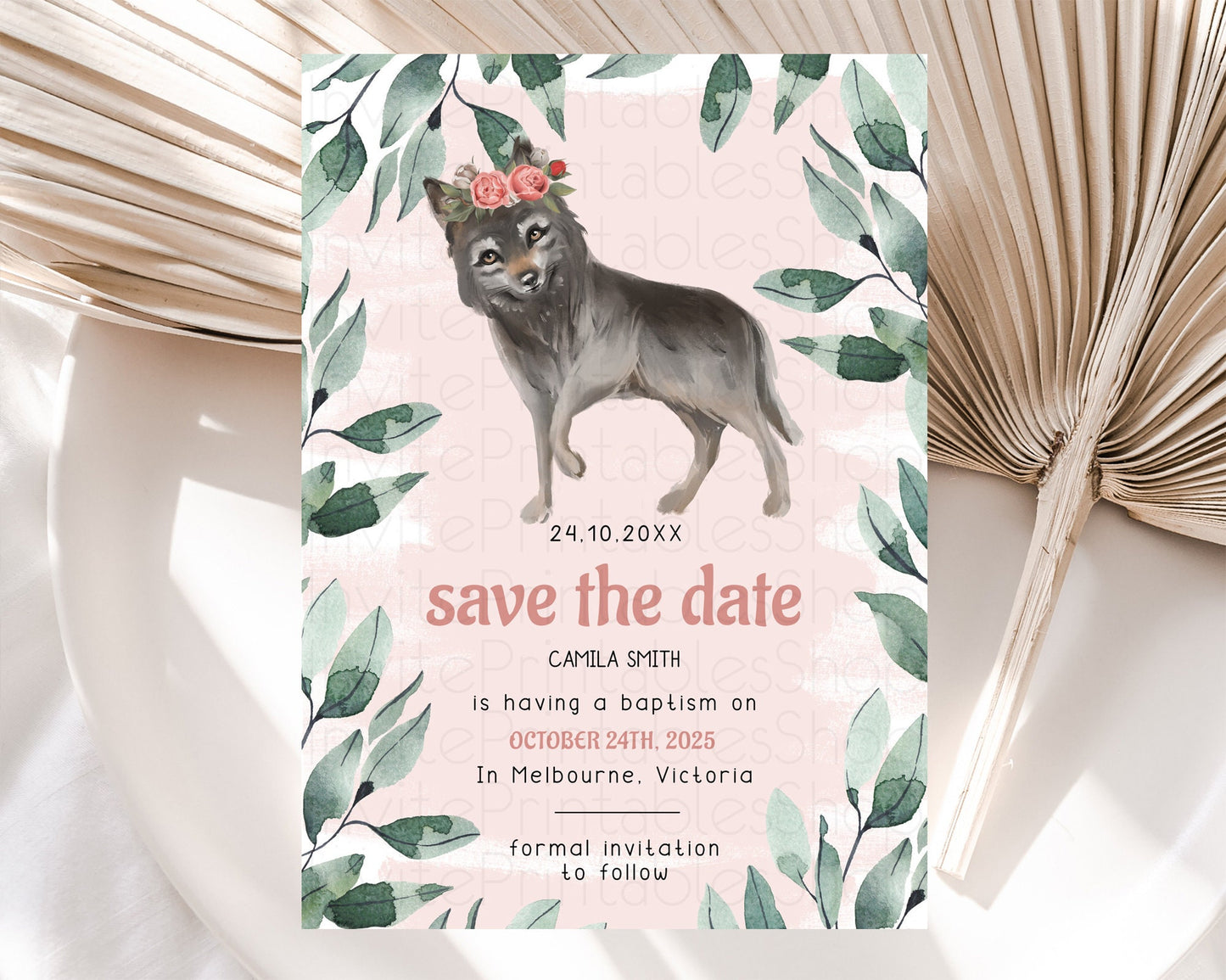 Wolf Save The Date Template Pastel Floral Wolf Party Forest Adventure Wilderness Theme 1st Birthday Baptism Christening Baby Shower D10535