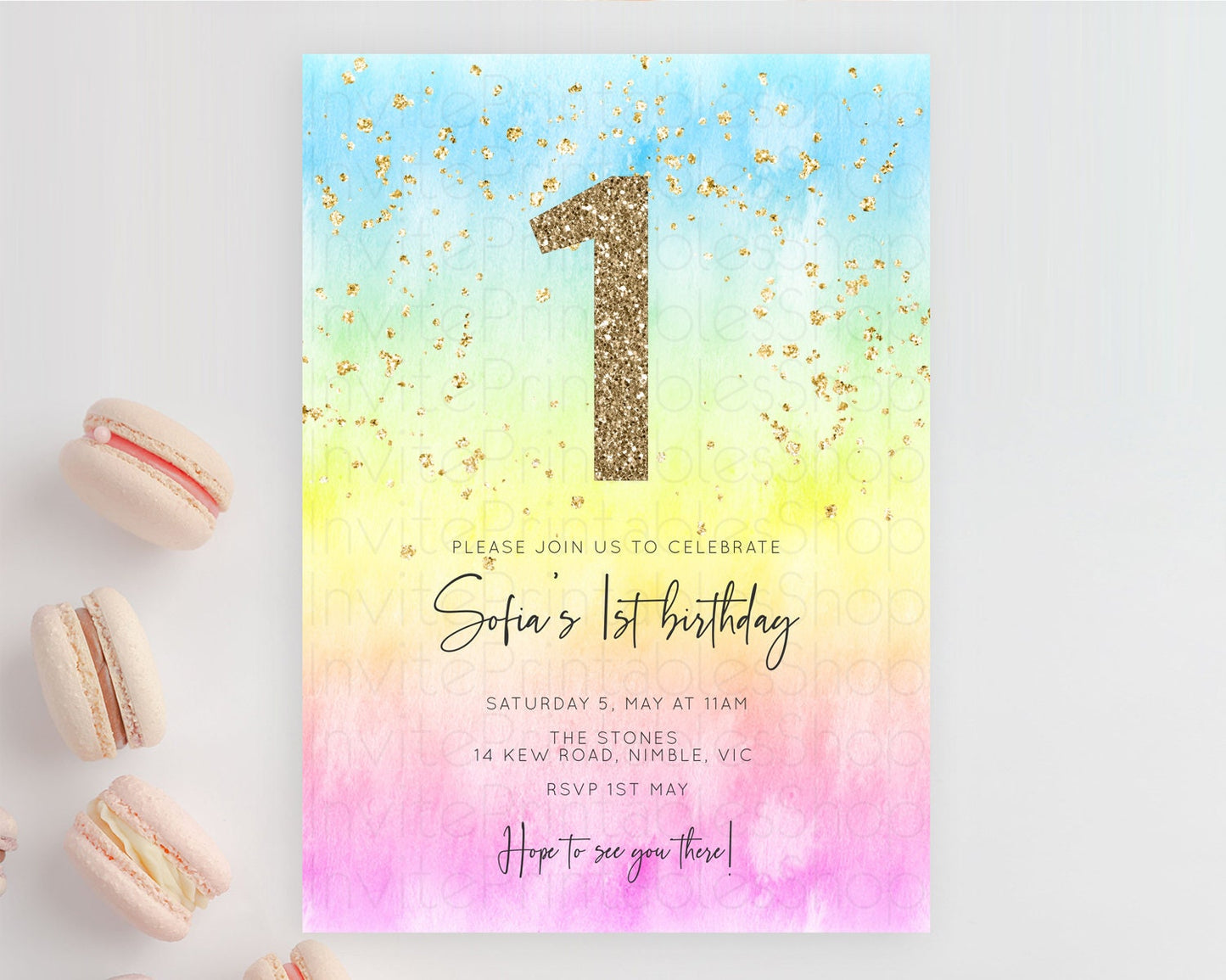 Rainbow Birthday Invitation Colorful Pastel Watercolor Invitation Gold Glitter Sprinkles Ombre Pastel 1st 2nd 3rd Birthday D10480