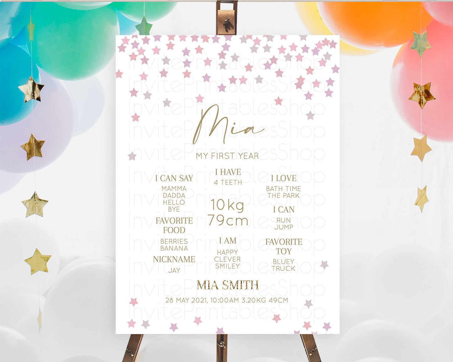 Star First Birthday Milestone Poster Pastel Stars Milestone Shooting Star Rainbow Colorful Confetti Twinkle Little Star 1st Birthday D10344