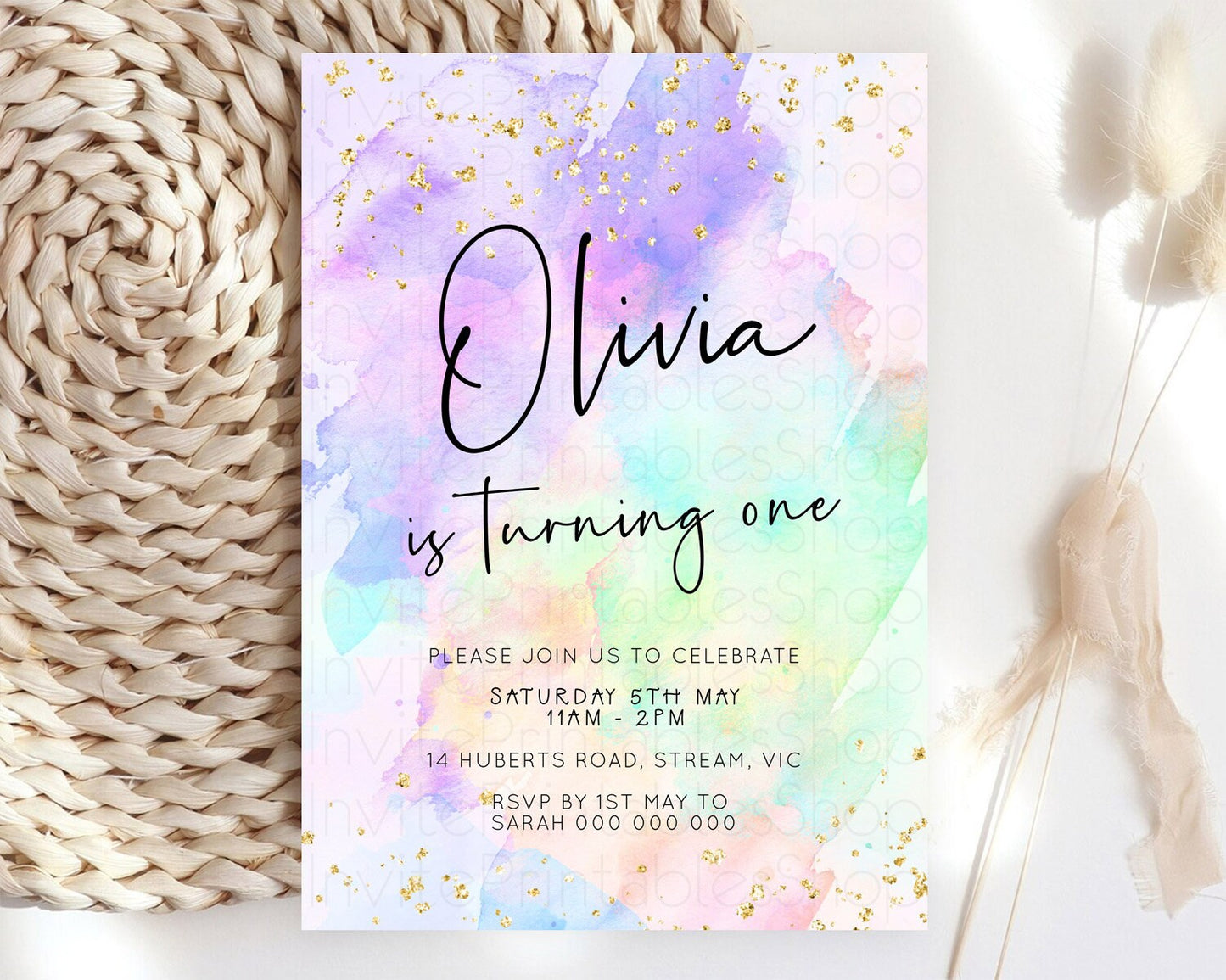 Pastel Birthday Invitation Ombre Watercolor Birthday Invitation Glitter Rainbow Color Splash 1st 2nd 3rd Birthday Invitation D23066