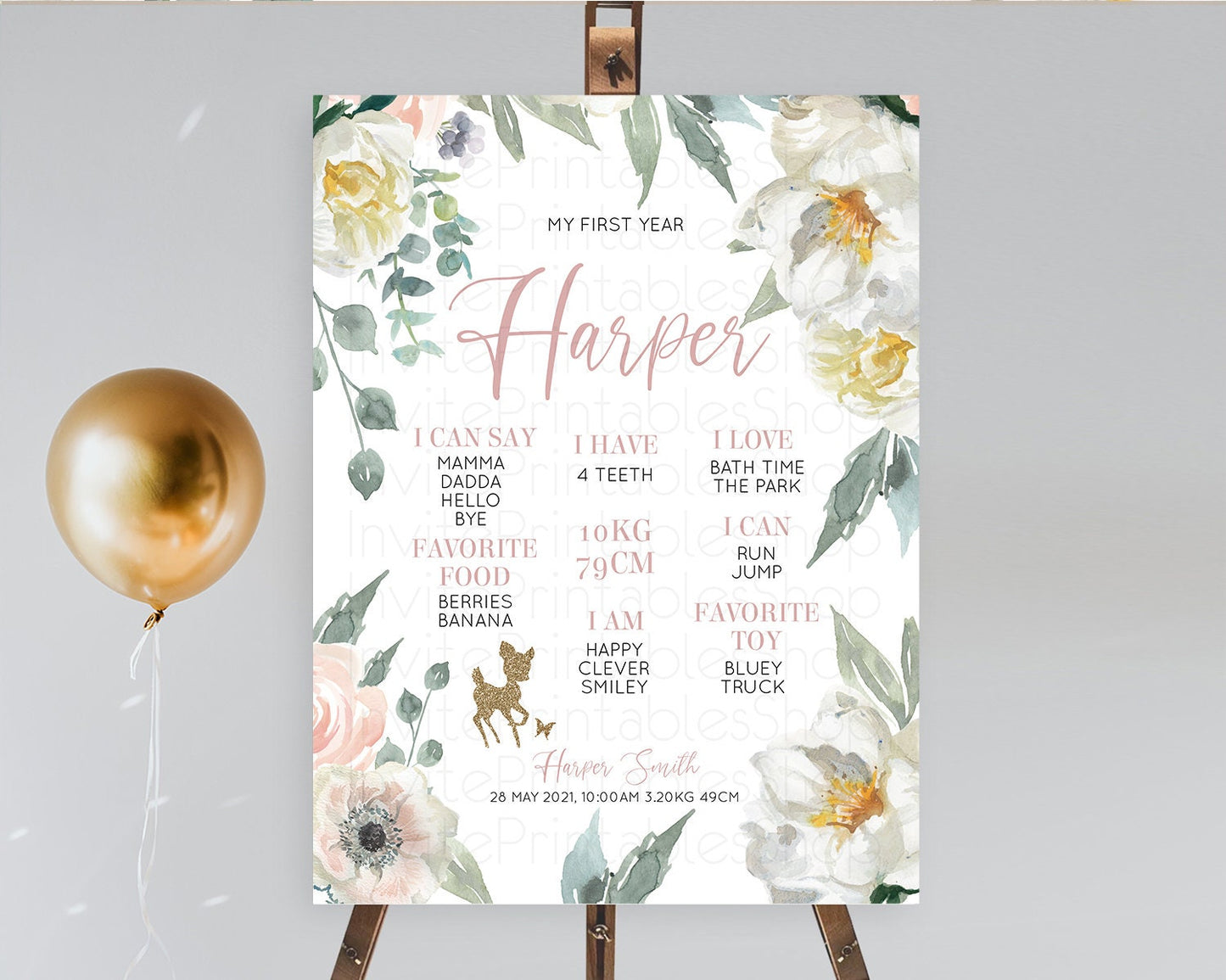 Fawn First Birthday Milestone Board Deer First Birthday Milestone Poster Enchanted Forest Butterfly Pastel Flowers 1st Birthday Sign D10120
