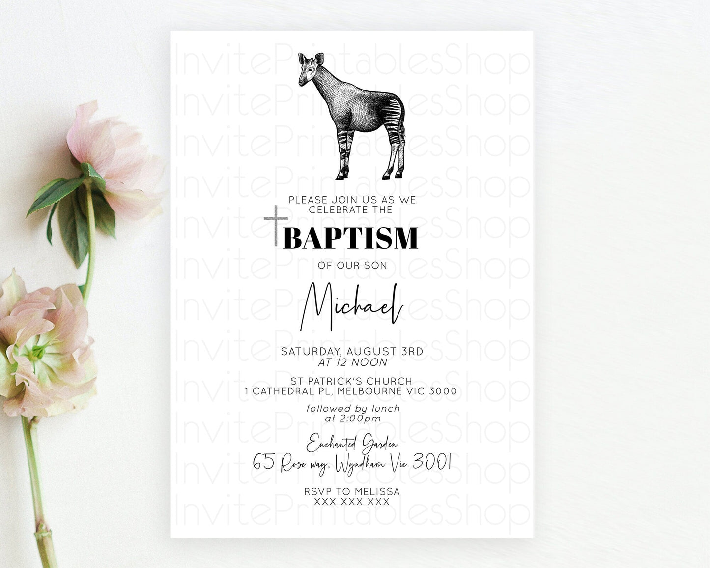 Okapi Baptism Invitation Okapi Baptism 1st Birthday Invitation Okapi Safari Adventure Christening Palm Leaf Zoo Holy Communion D10283