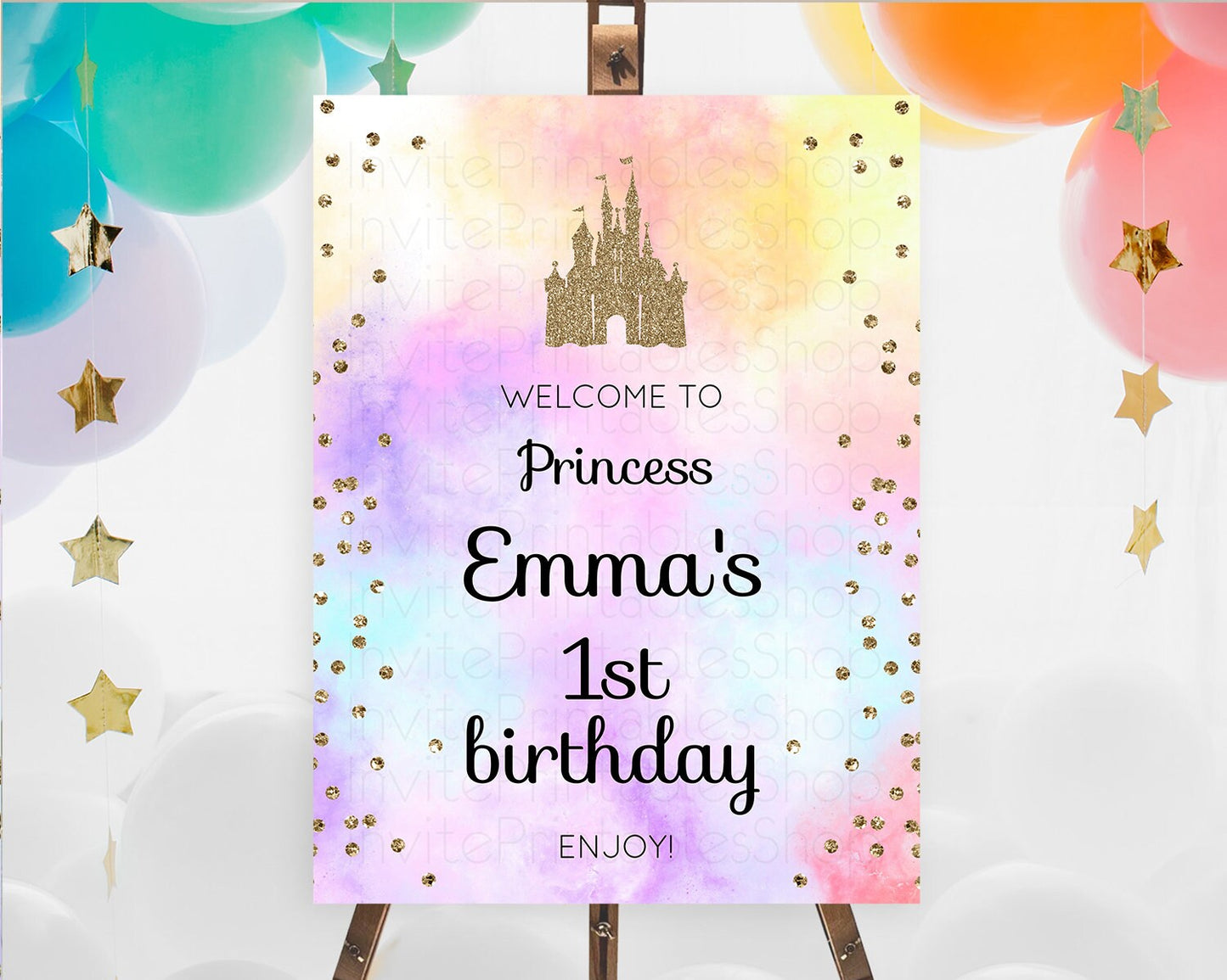 Princess Birthday Welcome Sign Pastel Princess Welcome Board Pastel Rainbow Colorful Enchanted Castle First Birthday Welcome Sign D10148