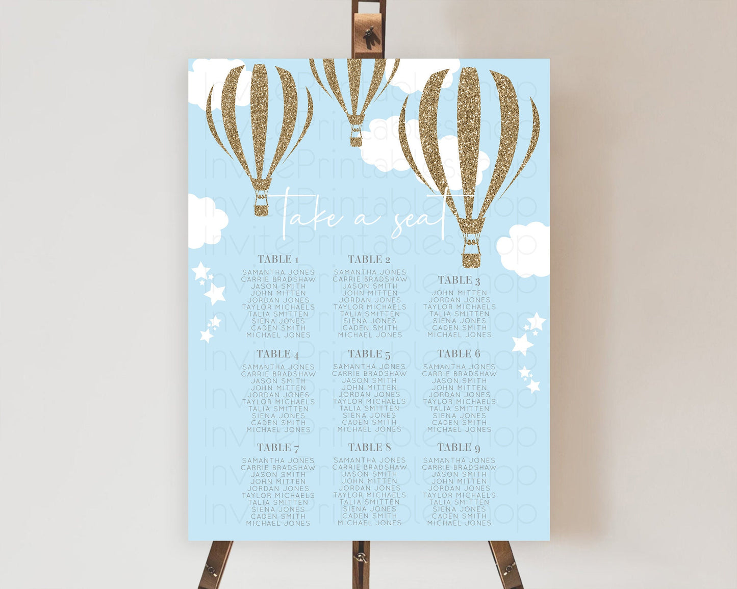 Hot Air Balloon Seating Chart Hot Air Balloon Seating Chart Adventure Awaits Up & Away Glitter Blue Watercolor Seating Take a Seat D10332