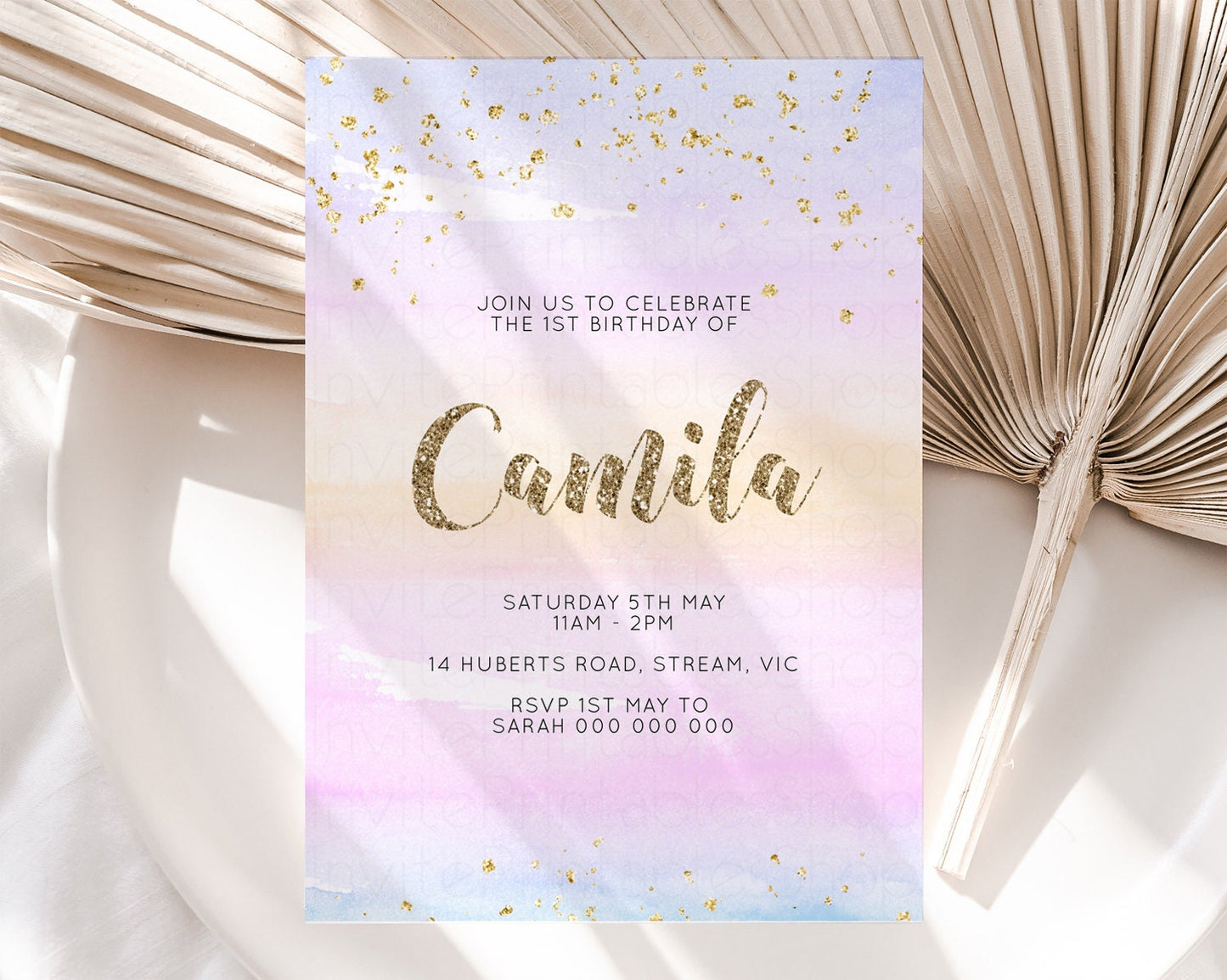 Pastel Birthday Invite Colorful Birthday Invitation Orange Purple Watercolor Invite Pastel Pink Ombre Invite Glitter Invite 1st 2nd 3rd P581