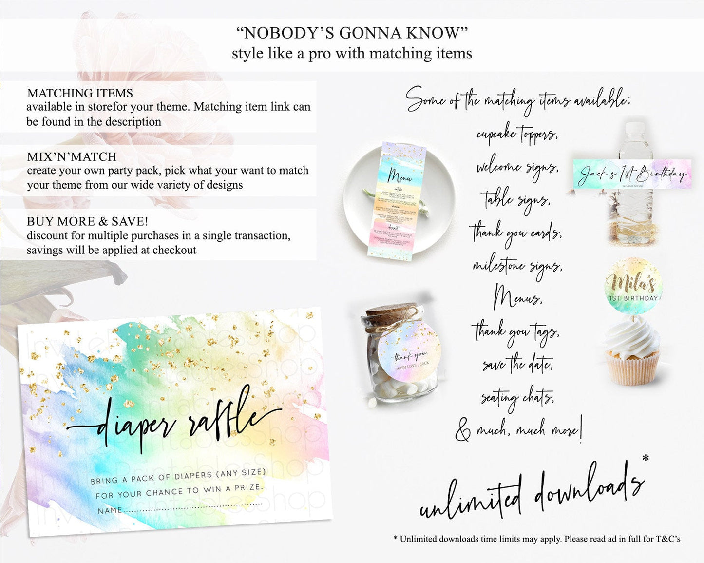 Pastel Diaper Raffle Card Pastel Rainbow Diaper Raffle Insert Colorful Ombre Watercolor Diaper Ticket Confetti Glitter Raffle Game D10256