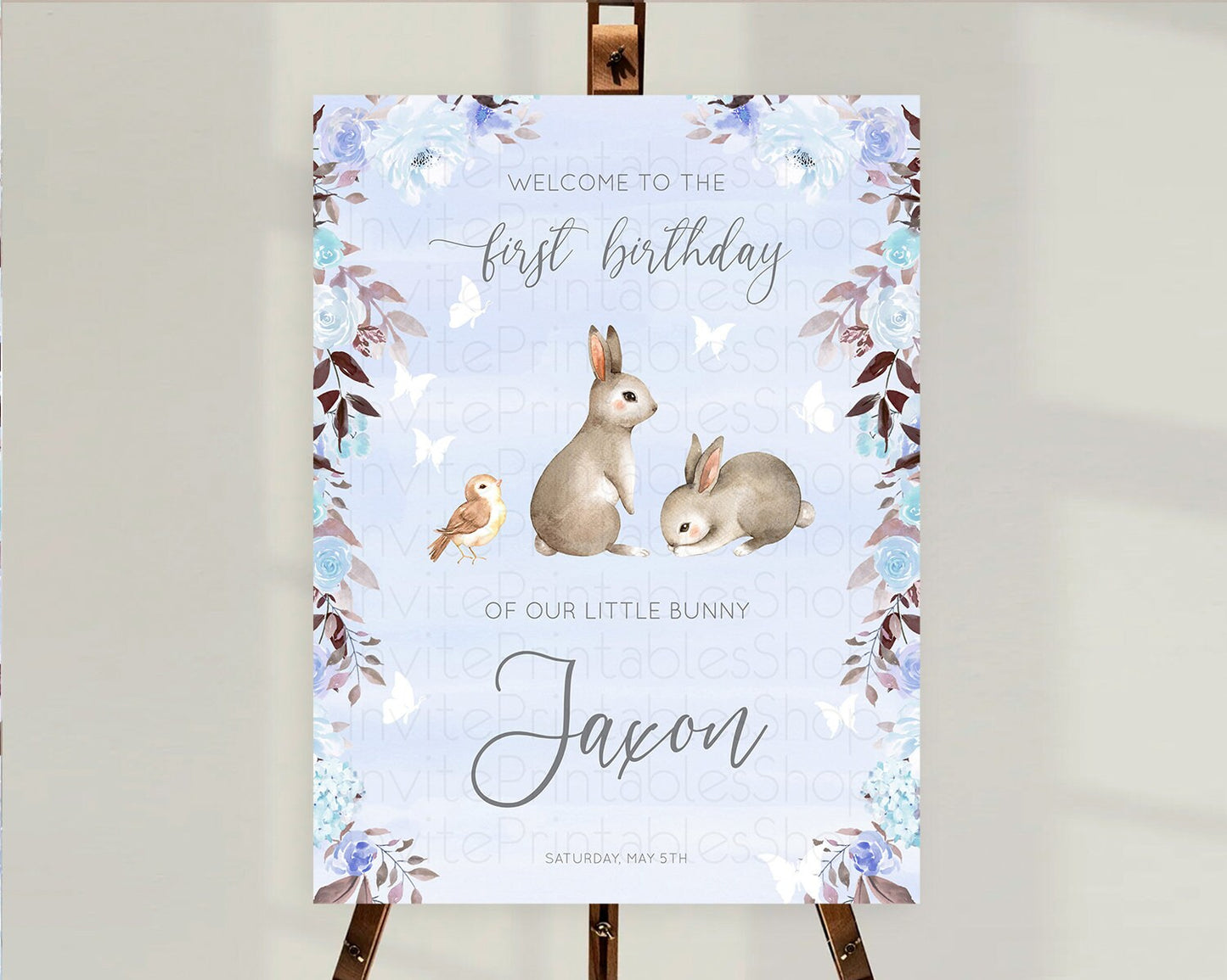 Bunny Welcome Sign Floral Bunny Welcome Board Pastel Flowers Woodland Bunny Welcome Poster Forest Bunny First Birthday Welcome Sign D10923