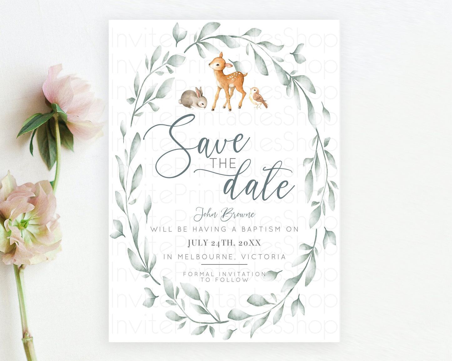 Fawn Deer Save The Date Template Pastel Floral Deer Enchanted Forest Butterfly Party 1st Birthday Baptism Baby Shower Bridal Shower D10872