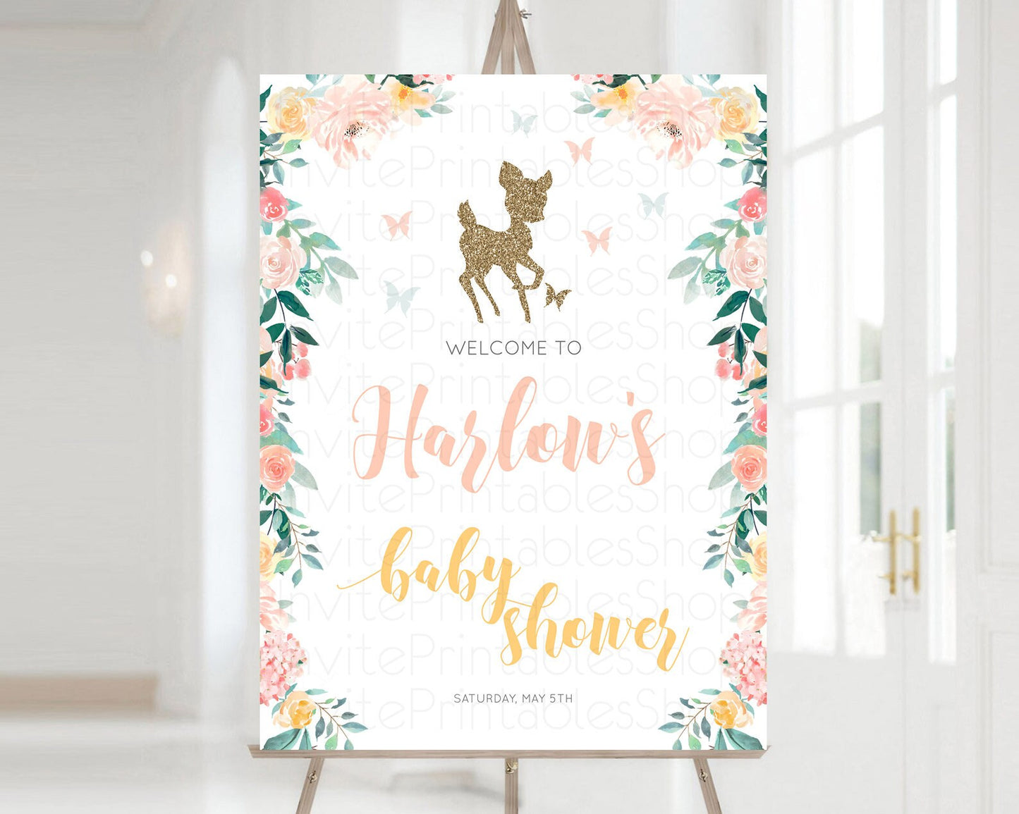 Fawn Baby Shower Welcome Sign Deer Welcome Board Floral Deer Welcome Poster Enchanted Forest Butterfly Pastel Floral Welcome Sign D10874