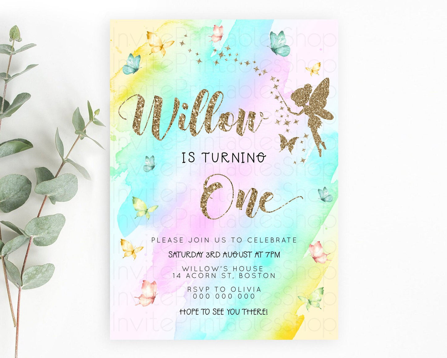 Pastel Fairy Birthday Invitation Pastel Butterflies Fairy Birthday Invitation Rainbow Ombre Watercolor 1st 2nd Birthday Invitation D23332