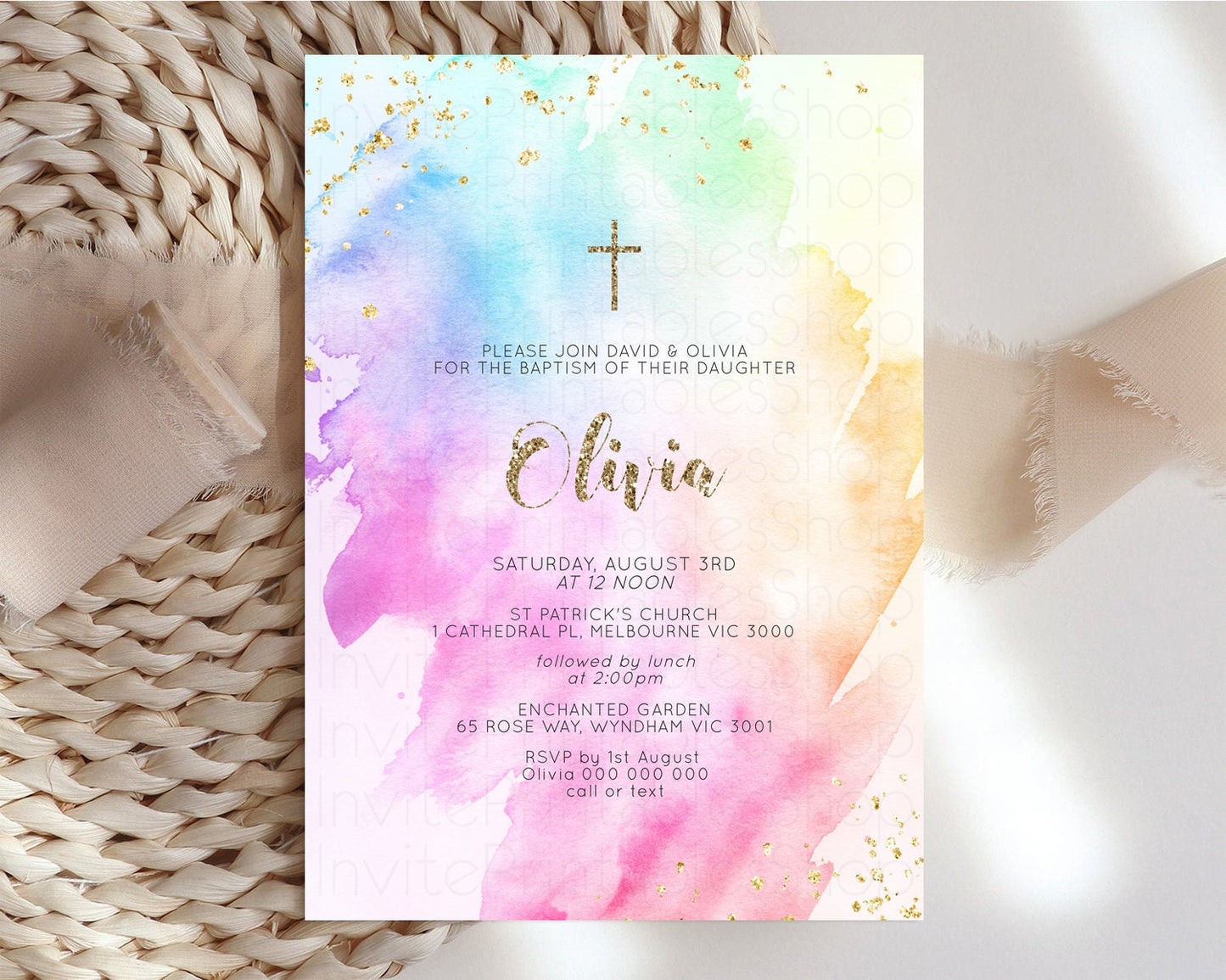 Rainbow Baptism invitation Pastel Rainbow Christening Invite Ombre Watercolor Invite Gold Glitter Sprinkle Splash Cross Religious g504