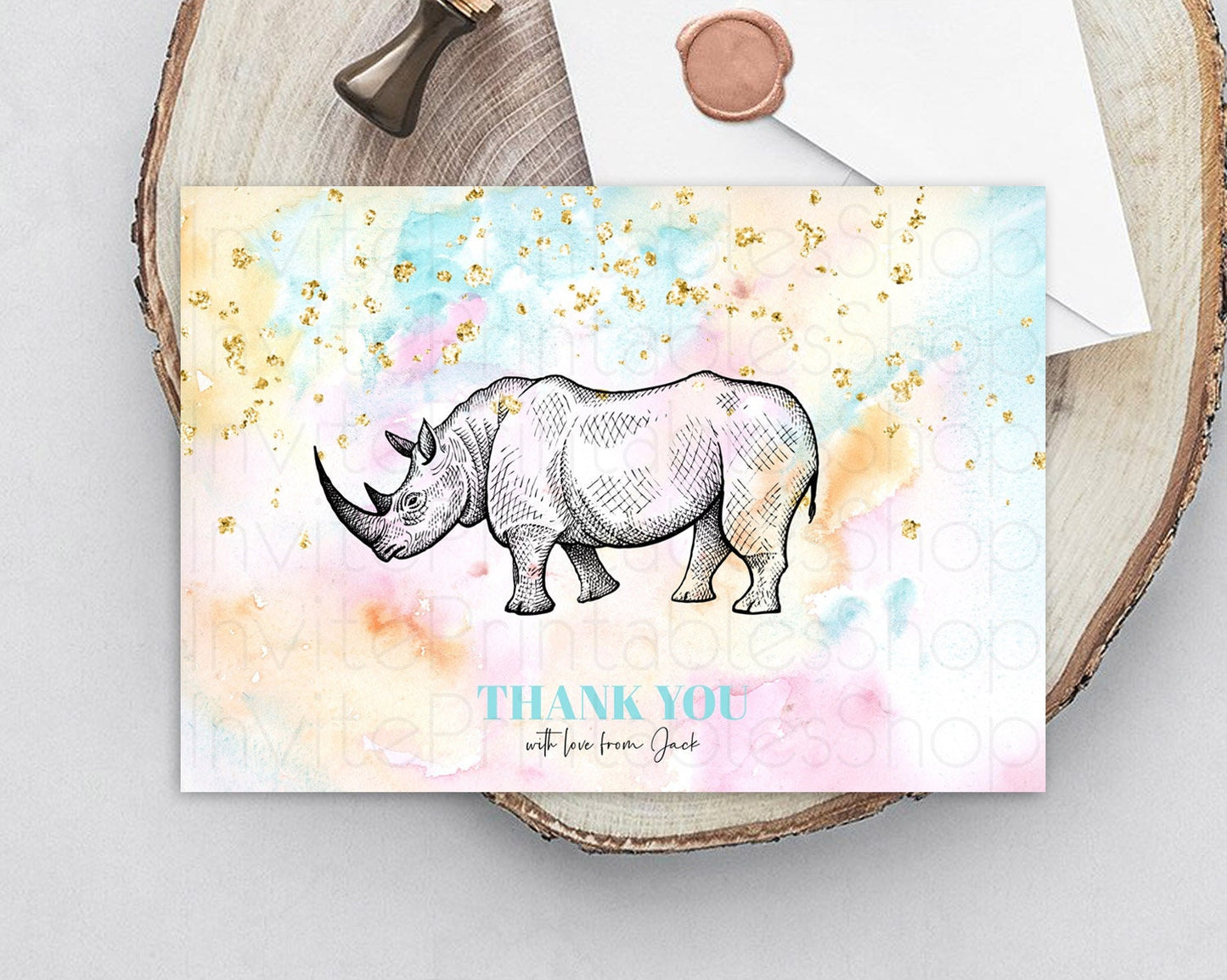 Pastel Rhino Thank You Rainbow Rhino Thank You Card Colorful Rainbow Birthday Thank You Pastel Rhino Teacher Thank You Card Template D10287