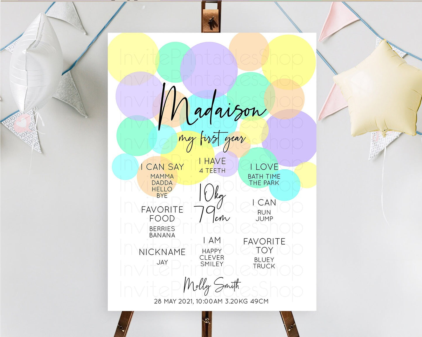 Pastel First Birthday Milestone Poster Pastel Rainbow Confetti First Birthday Milestone Board Colorful Bubbles Birthday Welcome Sign D10415