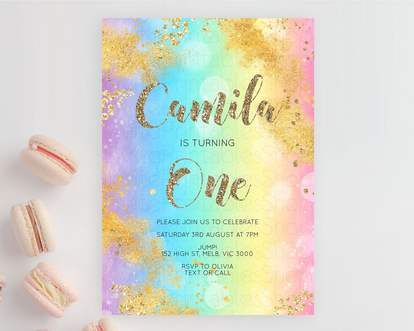Rainbow Birthday Invitation Colorful Pastel Watercolor Invitation Gold Glitter Sprinkles Ombre Pastel 1st 2nd 3rd Birthday D10561