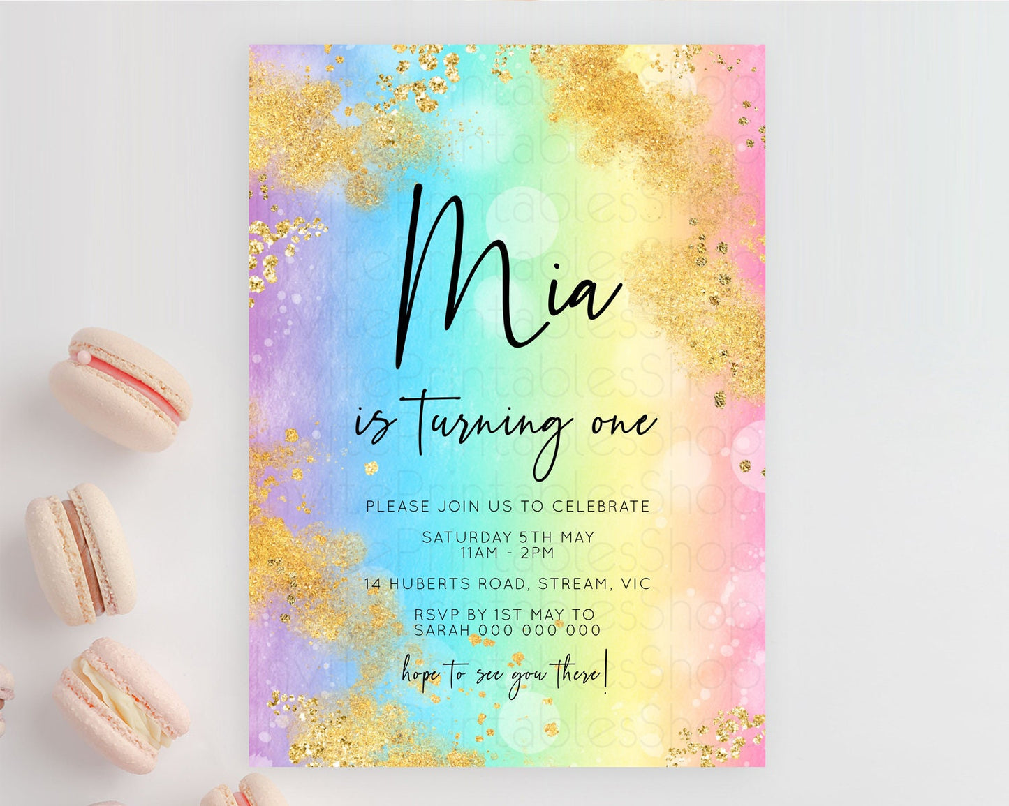Rainbow Birthday Invitation Colorful Pastel Watercolor Invitation Gold Glitter Sprinkles Ombre Pastel 1st 2nd 3rd Birthday D10559