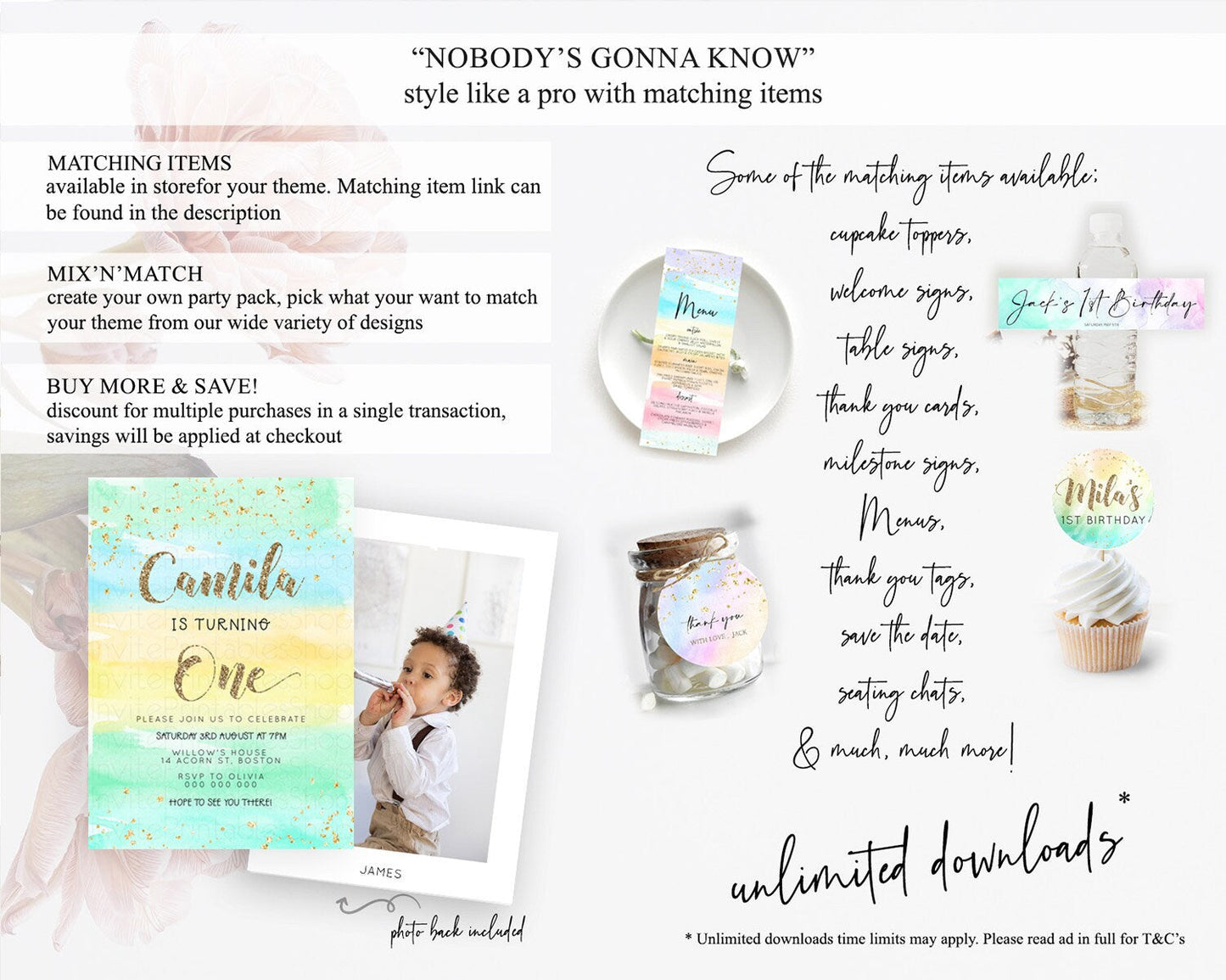 Rainbow Birthday Invitation Colorful Pastel Watercolor Invitation Gold Glitter Sprinkles Ombre Pastel 1st 2nd 3rd Birthday D23269