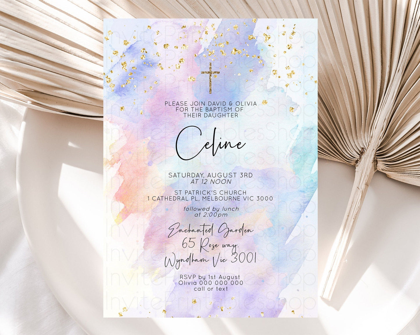Pastel Baptism Invitation Pastel Colors Watercolor Baptism 1st Birthday Party Gold Ombre Pastel Rainbow Christening Holy Communion D10585