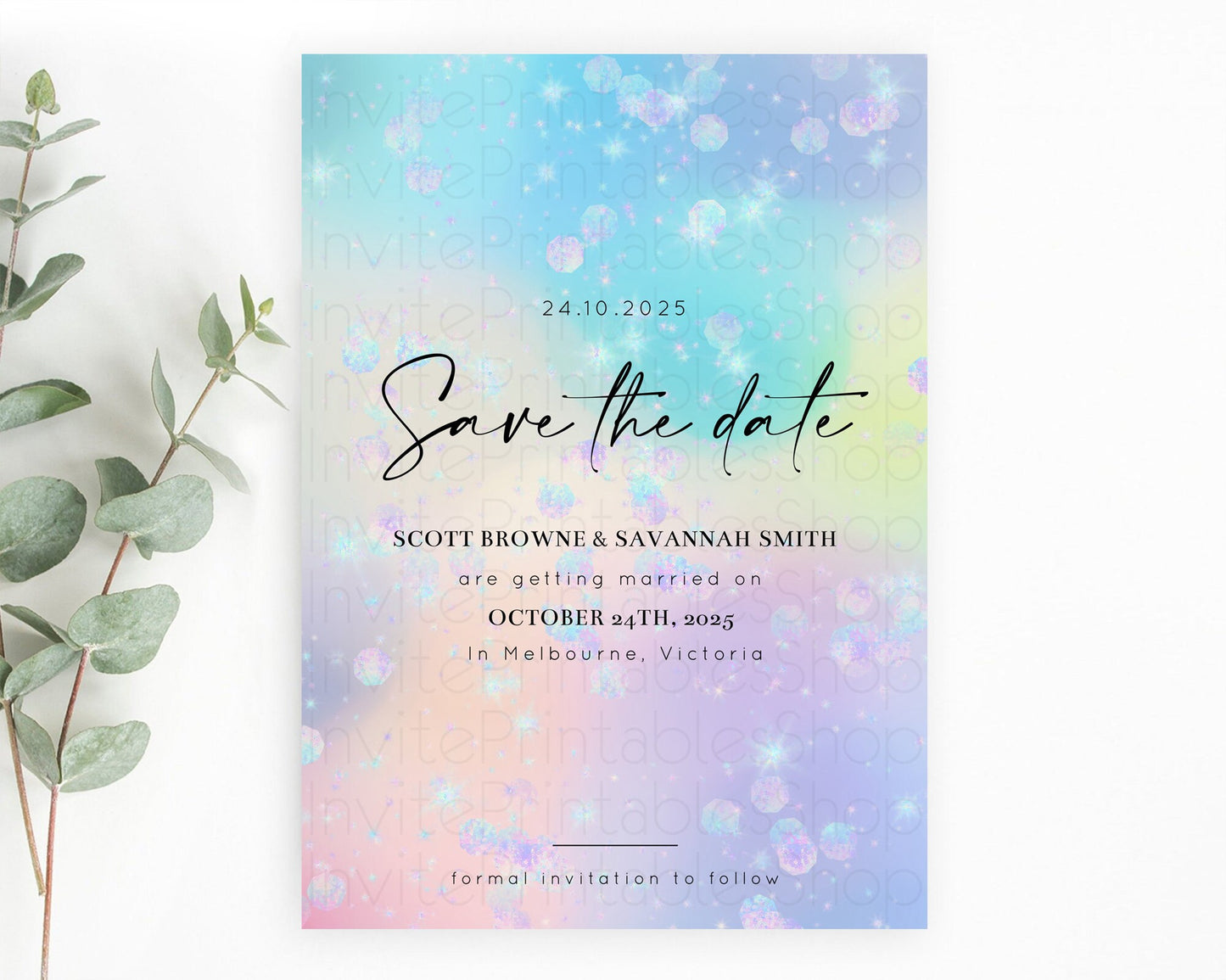 Colorful Save The Date Template Pastel Rainbow Watercolor Iridescent Ombre Party For 1st Birthday Baptism Baby Shower Bridal Shower D10665