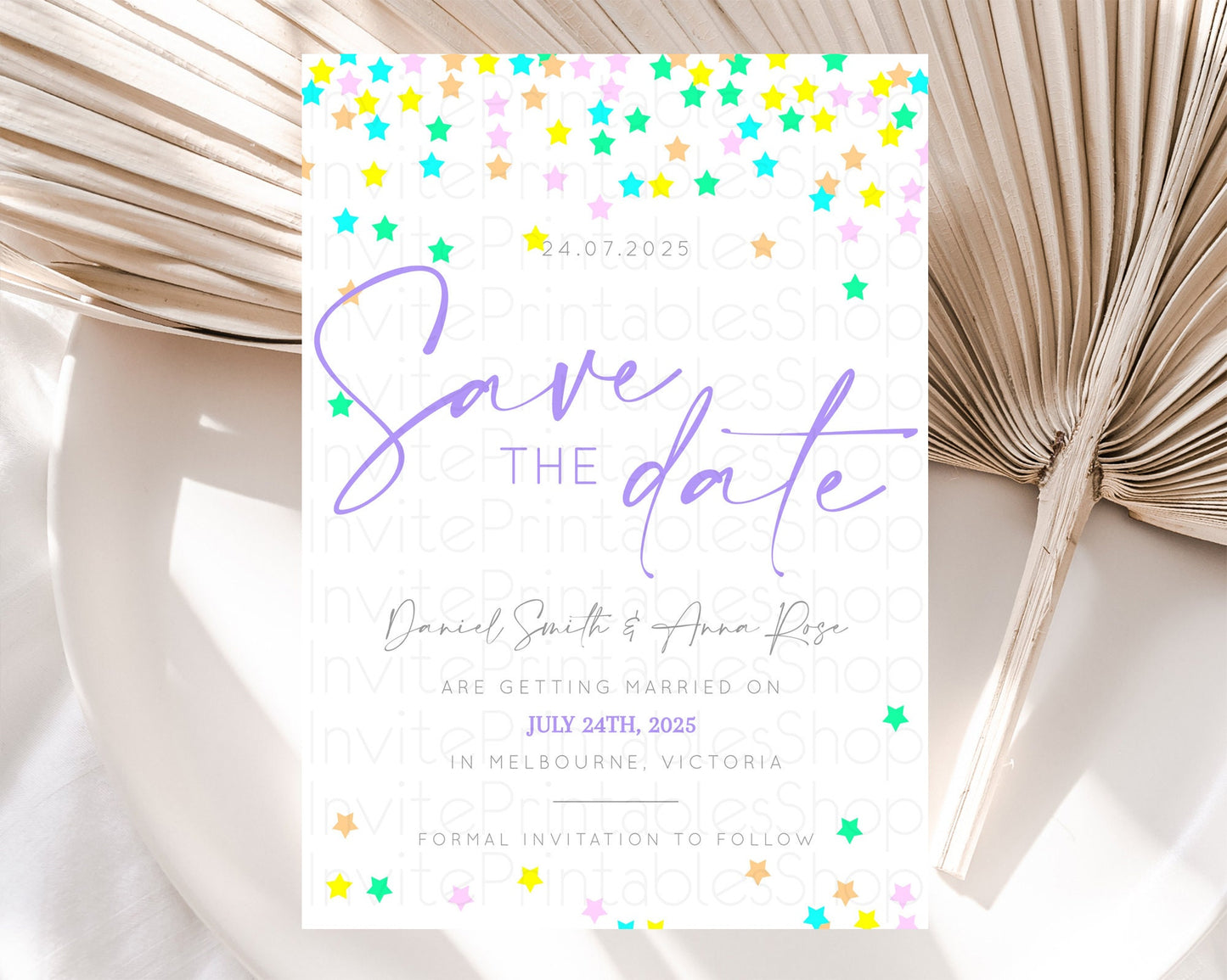 Twinkle Stars Save The Date Template Pastel Twinkle Little Star Party Shooting Star Confetti Sprinkles Birthday Baptism Baby Shower D10395