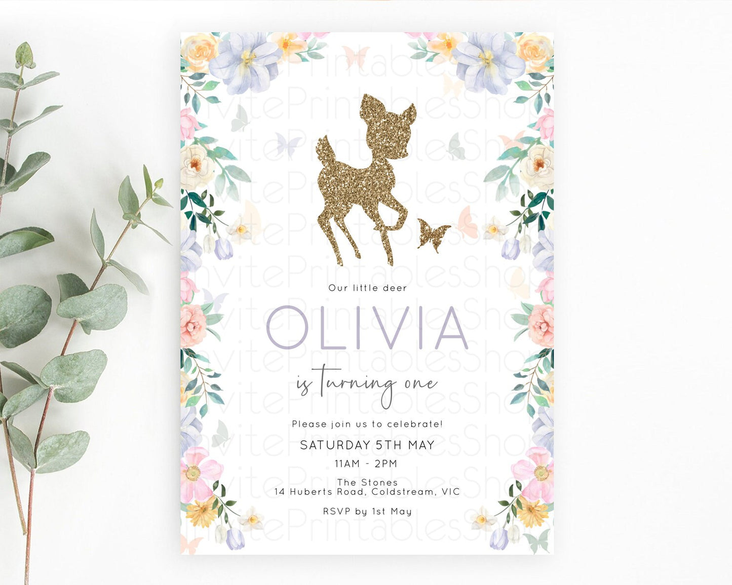 Fawn Birthday Invitation Deer Birthday Invitation Enchanted Forest Party Butterfly Pastel Flowers Whimsical 2nd 1st First Birthday D10477