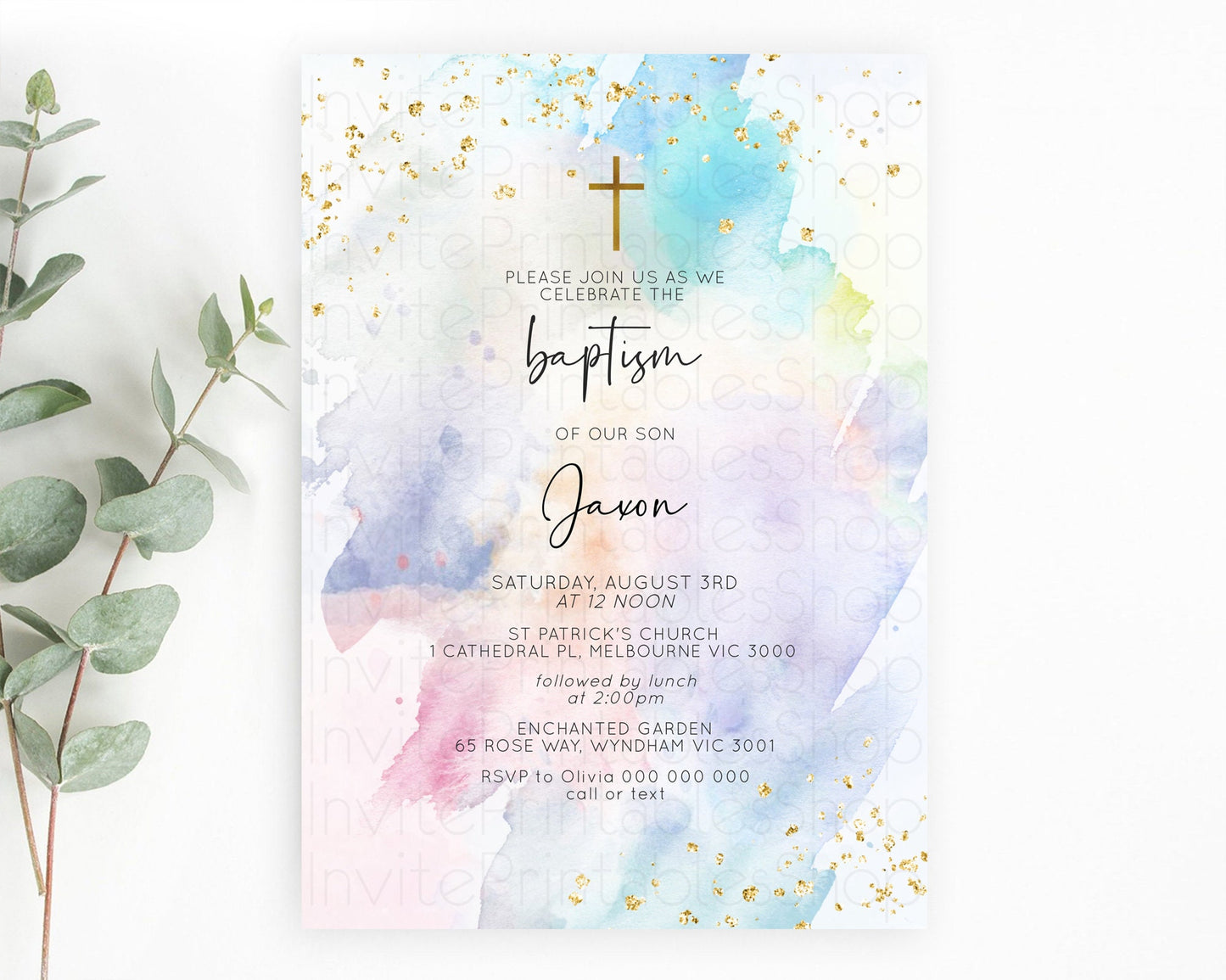 Pastel Baptism Invitation Pastel Colors Watercolor Baptism 1st Birthday Party Gold Ombre Pastel Rainbow Christening Holy Communion D10422