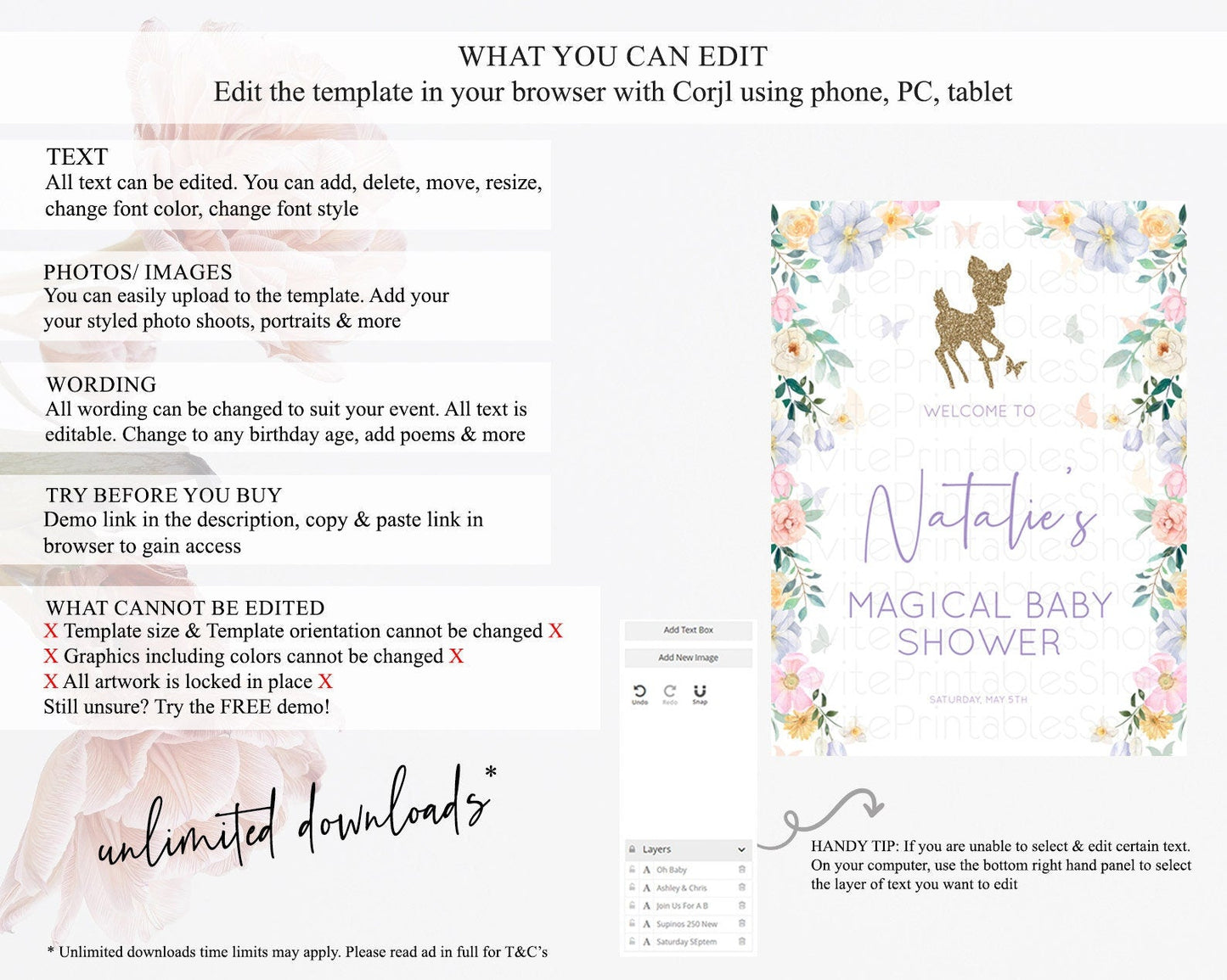 Fawn Baby Shower Welcome Sign Deer Welcome Board Floral Deer Welcome Poster Enchanted Forest Butterfly Pastel Floral Welcome Sign D10477