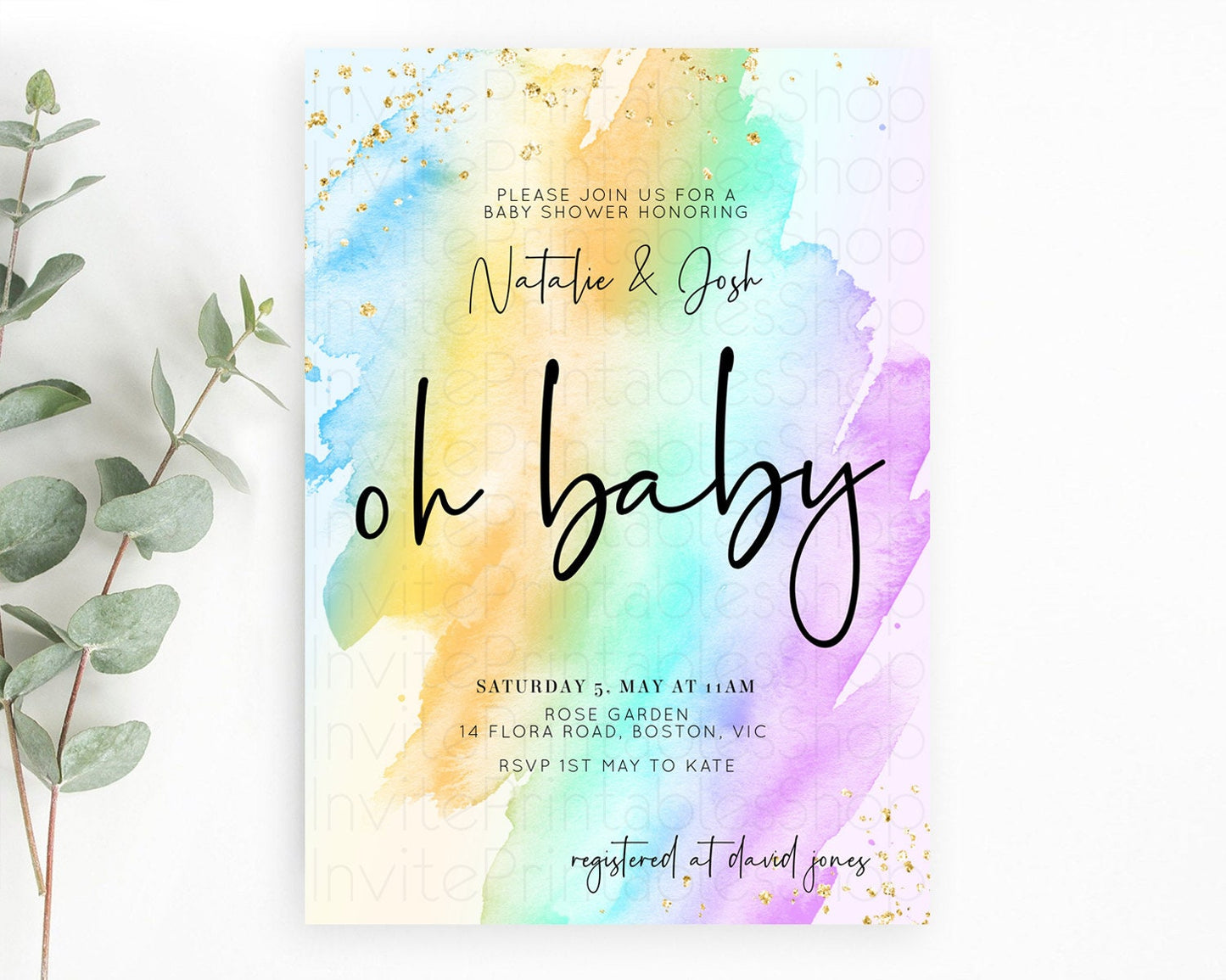 Pastel Baby Shower Invitation Rainbow Baby Shower Invitation Colorful Pastel Watercolor Invitation Gold Glitter Sprinkles Ombre D10427