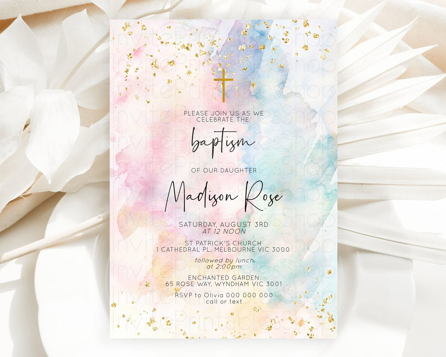 Pastel Baptism Invitation Pastel Colors Watercolor Baptism 1st Birthday Party Gold Ombre Pastel Rainbow Christening Holy Communion D10263