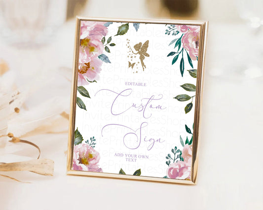 Editable Fairy Sign Enchanted Garden Table Sign Decor Pastel Floral Butterfl