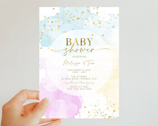 Rainbow Baby Shower Invitation Pastel Colors Invitation Watercolor Splash Baby Shower Gold Splatter Glitter Sprinkles Confetti Neutral 190V2