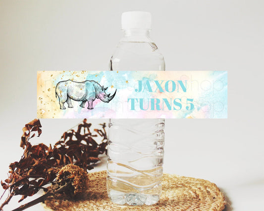 Editable Pastel Rhino Water Label Template Rainbow Watercolor Rhino Party De