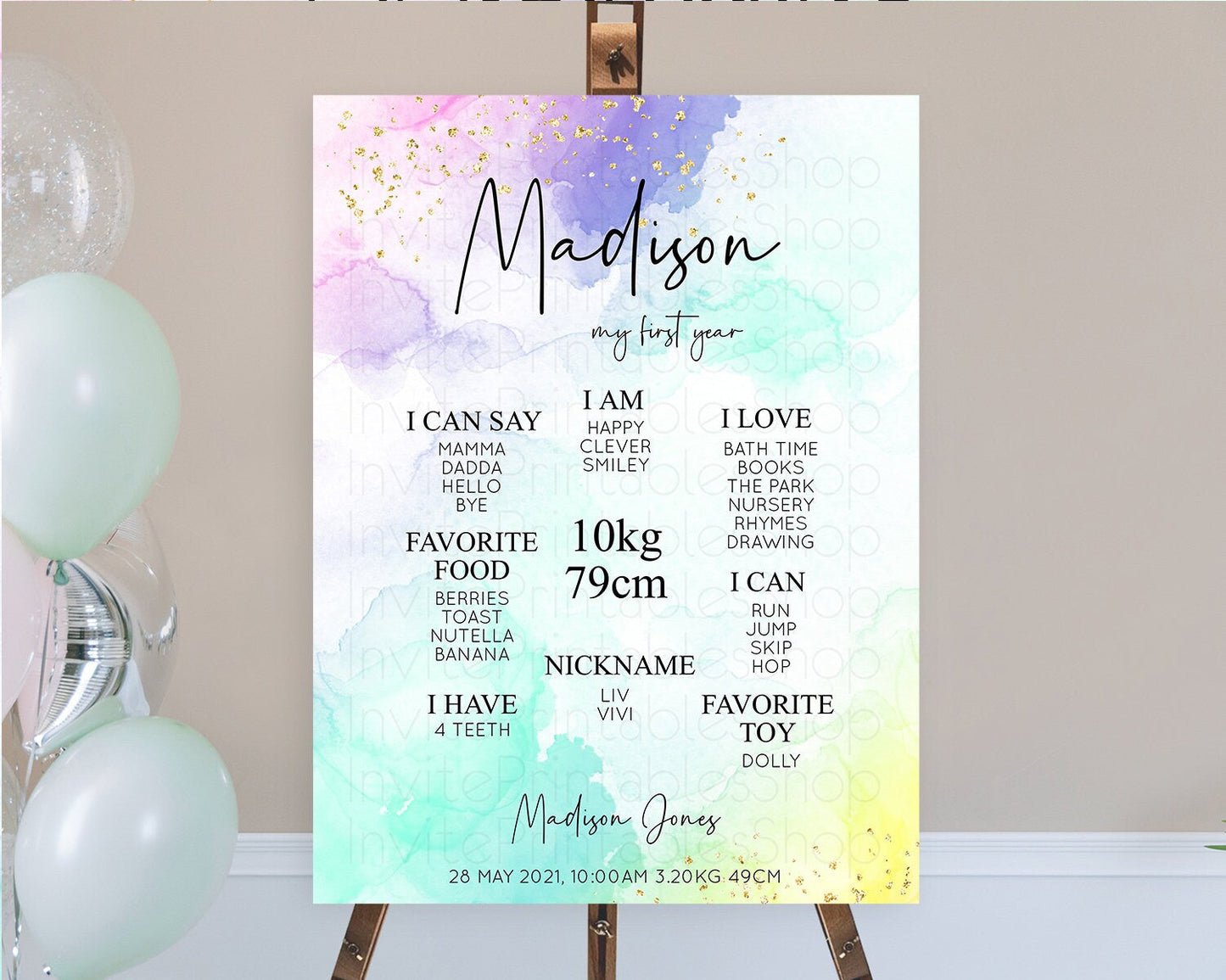 Pastel First Birthday Milestone Board Pastel Rainbow Milestone Poster Colorful Confetti Watercolor Glitter 1st Birthday Welcome Sign D10158