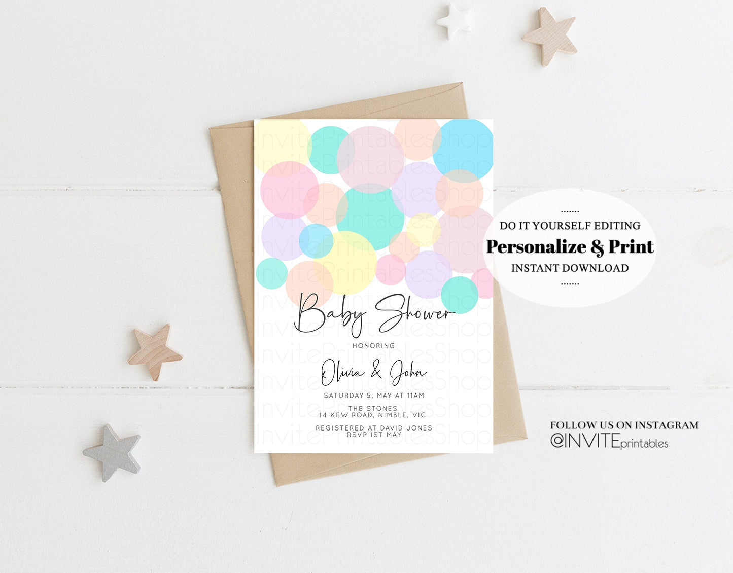 Pastel Baby Shower Invitation Colorful Rainbow Bubbles Confetti Sprinkles Blue Pink Yellow Green Boy Girl Gender Reveal Neutral Boy Girl