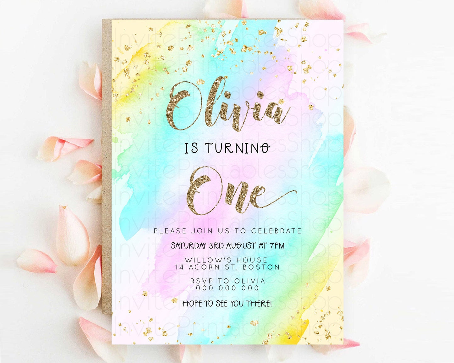 Rainbow Birthday Invitation Colorful Pastel Watercolor Invitation Gold Glitter Sprinkles Ombre Pastel 1st 2nd 3rd Birthday D23285