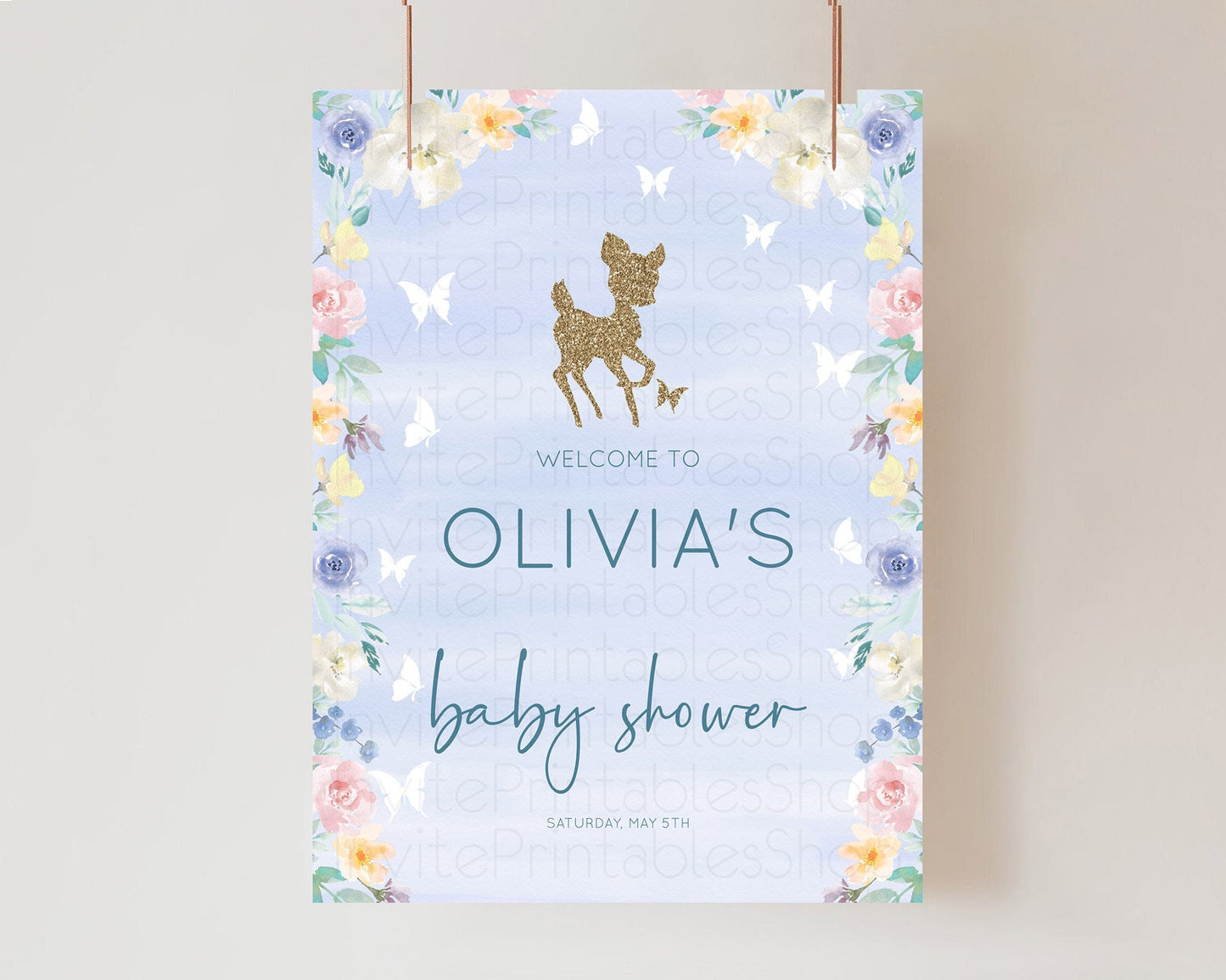 Fawn Baby Shower Welcome Sign Deer Welcome Board Floral Deer Welcome Poster Enchanted Forest Butterfly Pastel Floral Welcome Sign D10879