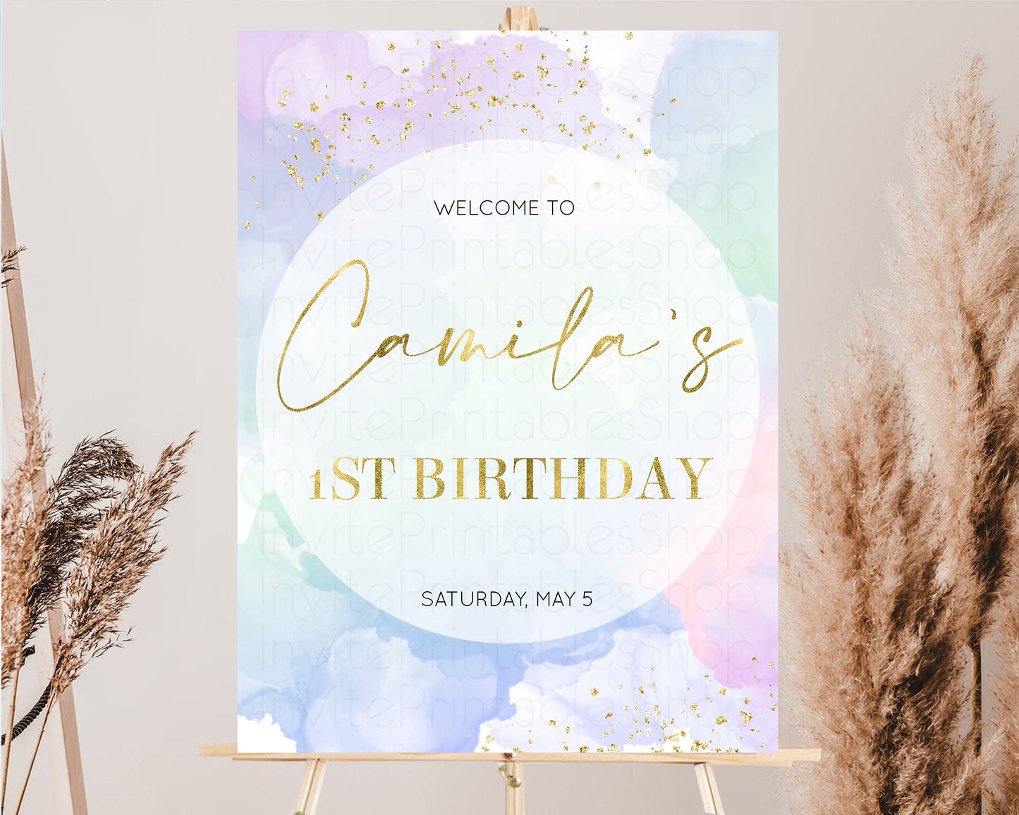 Rainbow Welcome Sign Pastel Watercolor Welcome Board Gold Glitter Confetti Colorful Splash Party Entry Sign 1st Birthday Poster 599v2