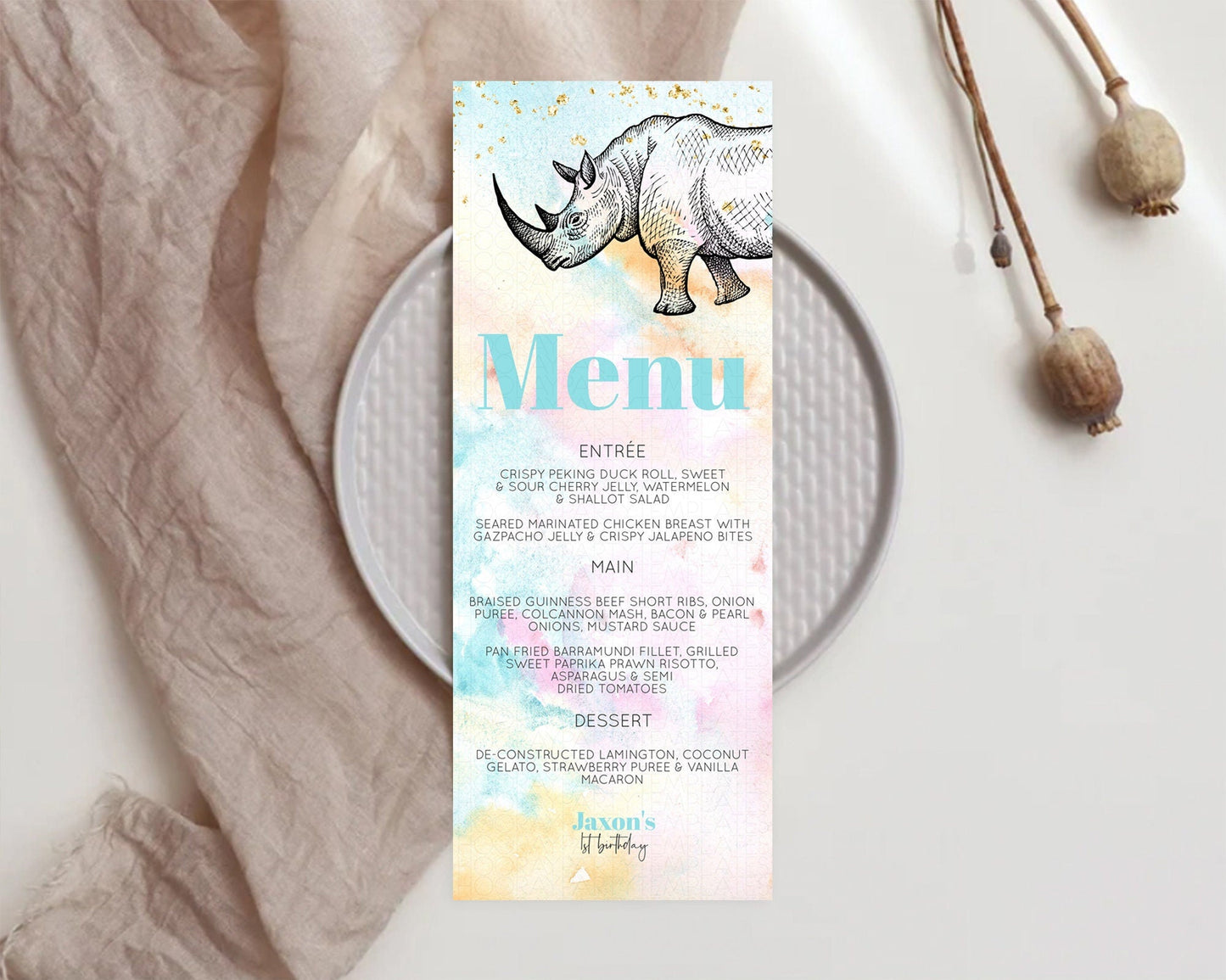 Pastel Rhino Menu Rainbow Rhino Menu Template Colorful Rainbow Safari Table Decor Pastel Dinner Dessert Menu Rhino Food Menu D10287