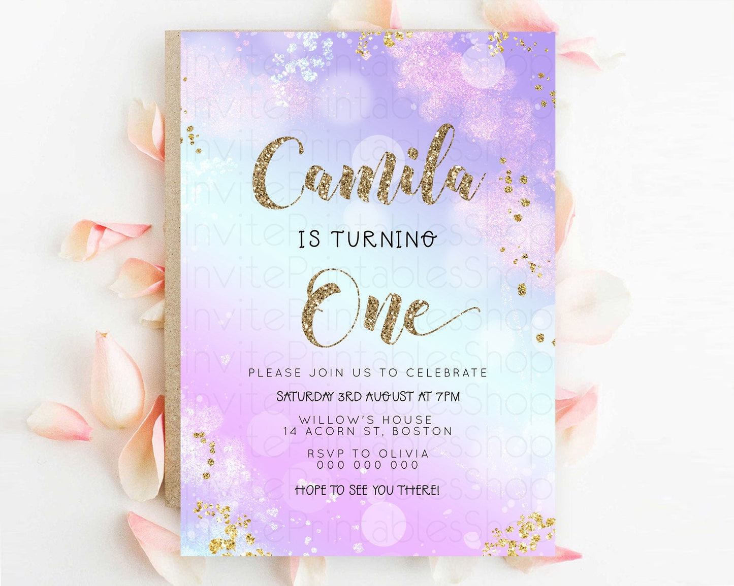 Rainbow Birthday Invitation Colorful Pastel Watercolor Invitation Gold Glitter Sprinkles Ombre Pastel 1st 2nd 3rd Birthday D23130