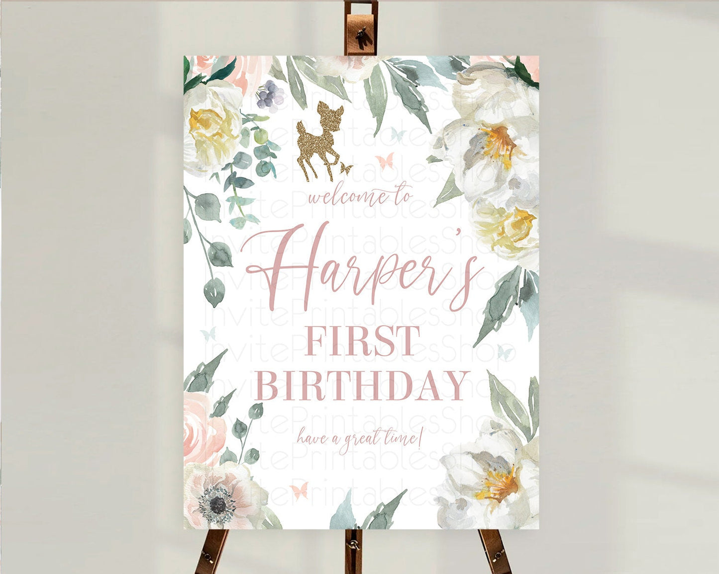 Fawn Welcome Sign Deer Welcome Board Floral Deer Welcome Poster Enchanted Forest Butterfly Pastel Floral First Birthday Welcome Sign D10120