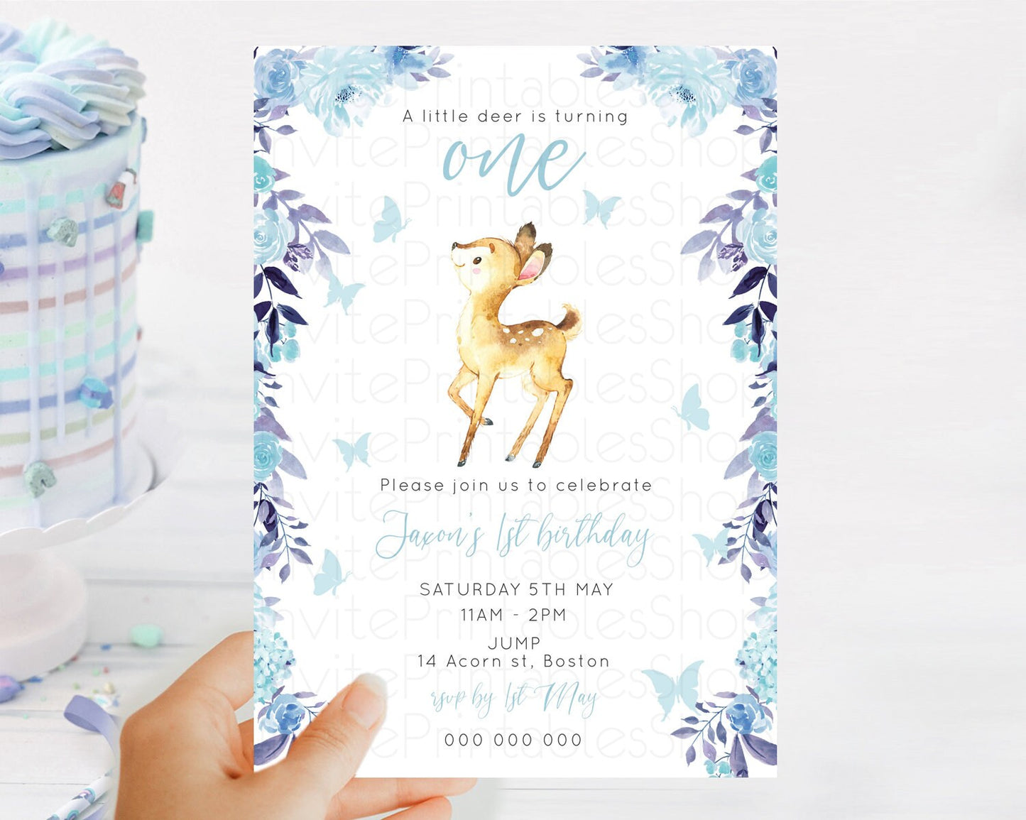 Fawn Birthday Invitation Deer Birthday Invitation Enchanted Forest Party Butterfly Pastel Flowers Whimsical 2nd 1st First Birthday D10917