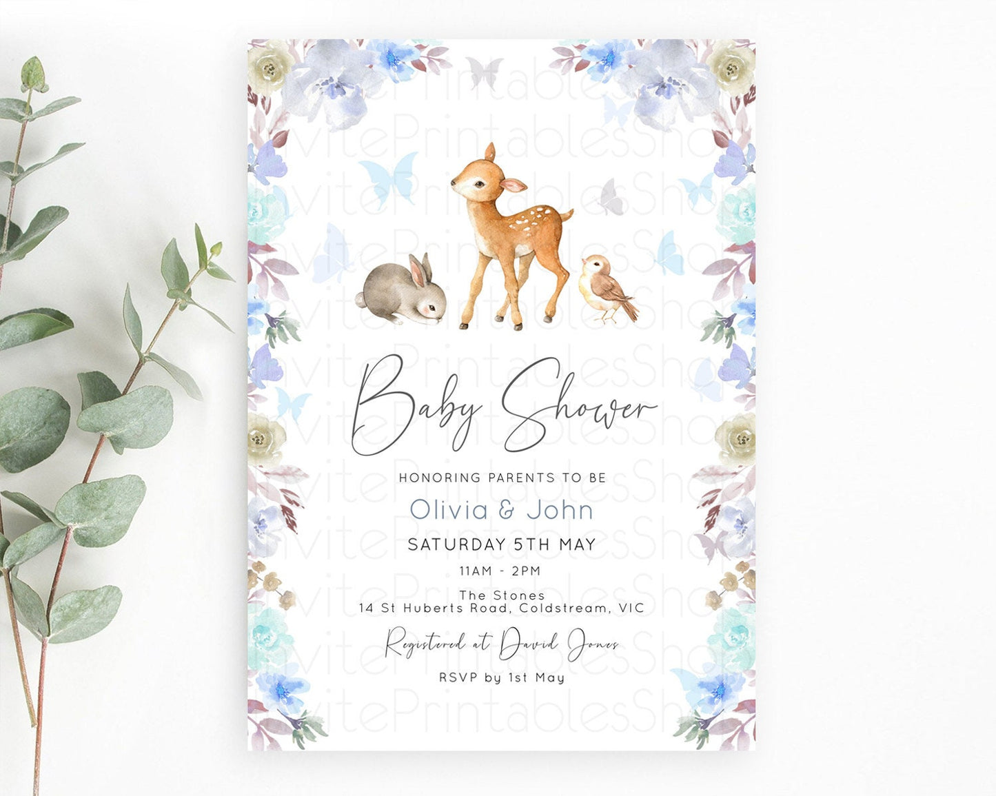 Enchanted Forest Baby Shower Invitation: Fawn, Butterflies, Pastel Blue Grey Flowers, Floral - Woodland Gender Reveal, Secret Garden D10929
