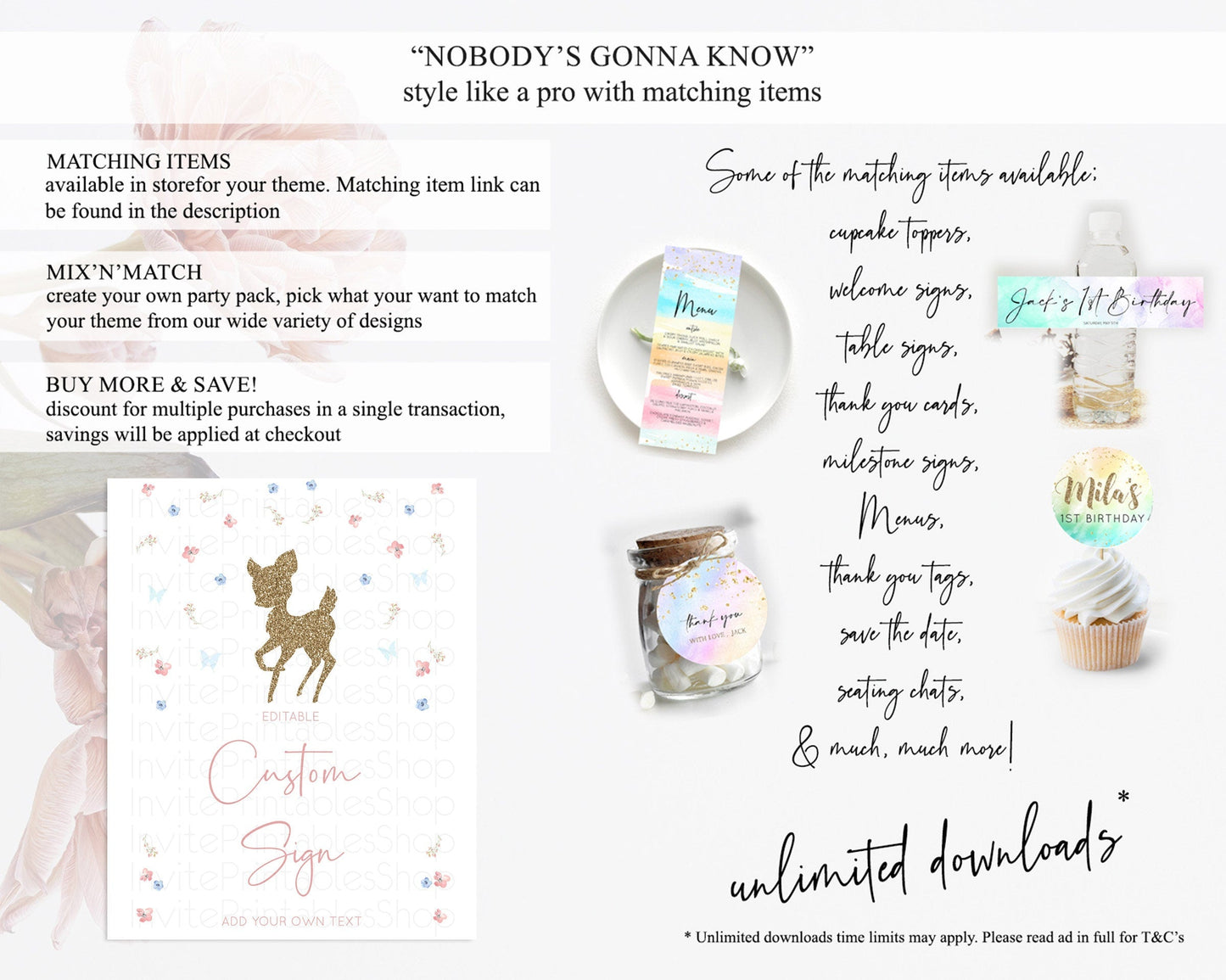 Fawn Deer Sign Pastel Floral Deer Table Sign Decor Enchanted Forest Butterfly Party 1st Birthday Baptism Baby Shower Bridal Shower D10359
