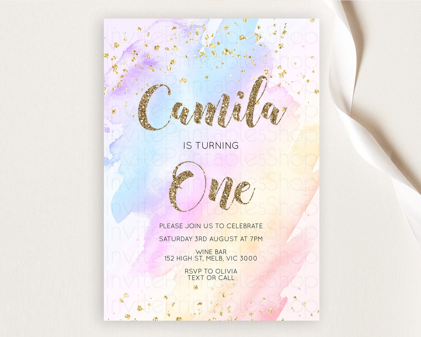 Rainbow Birthday Invitation Colorful Pastel Watercolor Invitation Gold Glitter Sprinkles Ombre Pastel 1st 2nd 3rd Birthday D10633