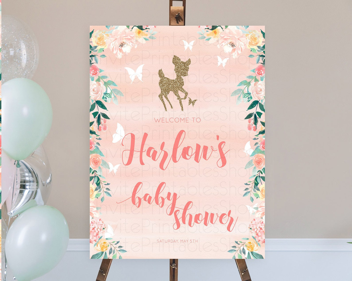 Fawn Baby Shower Welcome Sign Deer Welcome Board Floral Deer Welcome Poster Enchanted Forest Butterfly Pastel Floral Welcome Sign D10873