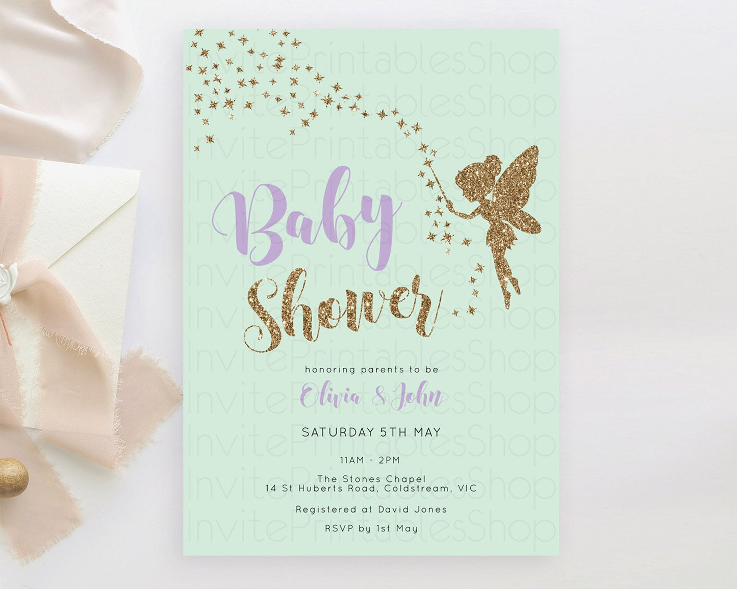 Fairy Baby Shower Invitation, Enchanted Garden, Secret Garden, Pastel Green, Glittering Magic, Pixie Dust, Whimsical Fairy, Butterfly D10908