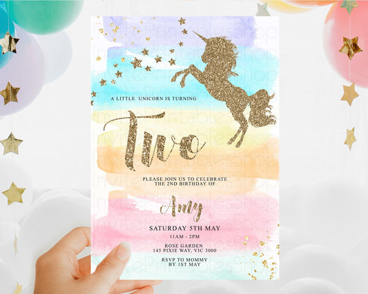 Unicorn Rainbow Birthday Invitation Pastel Birthday Invite Magical Ombre Invite Colorful Watercolor Invite Glitter Sprinkle Party D10507