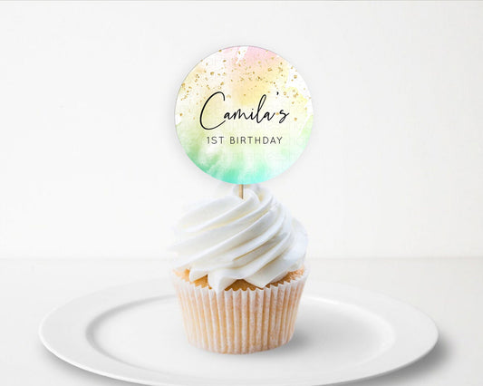 Editable Rainbow Cupcake Toppers Pastel Cupcake Toppers Colorful Pastel Wate