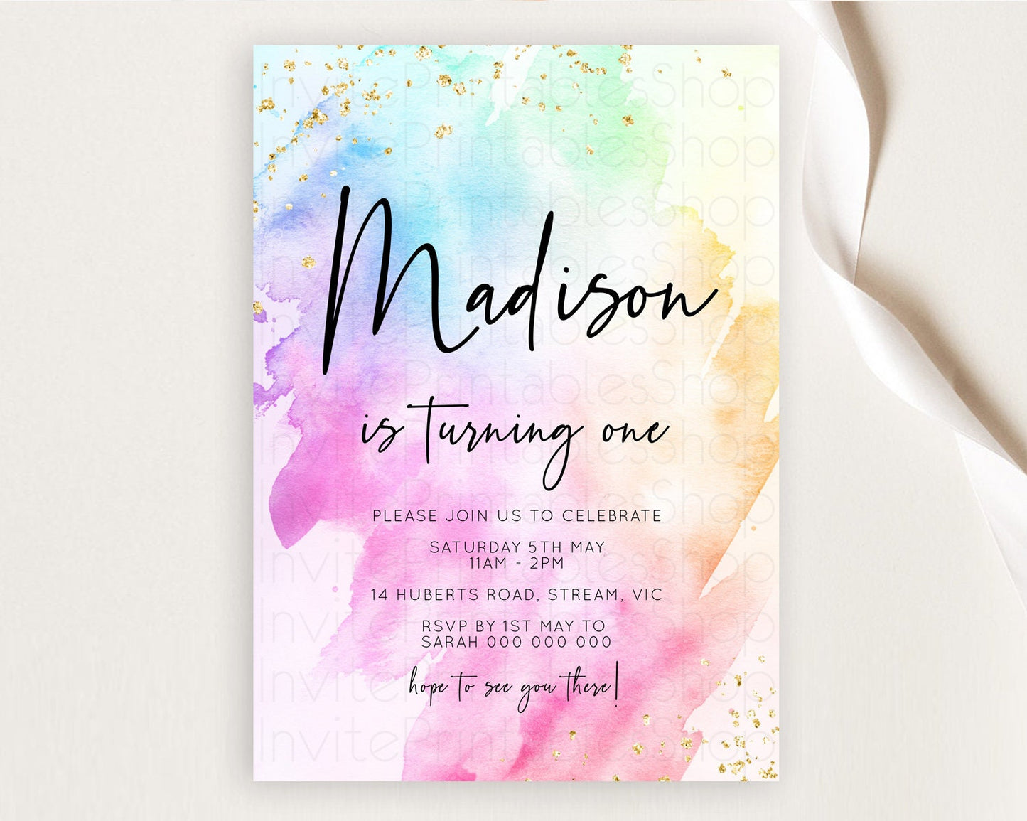 Rainbow Birthday Invitation Colorful Pastel Watercolor Invitation Gold Glitter Sprinkles Ombre Pastel 1st 2nd 3rd Birthday D10449
